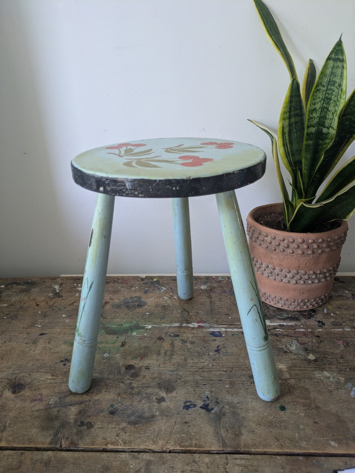 Vintage Stool Folk Art Hand Painted Cherries Blue Chippy Original Antique Tripod