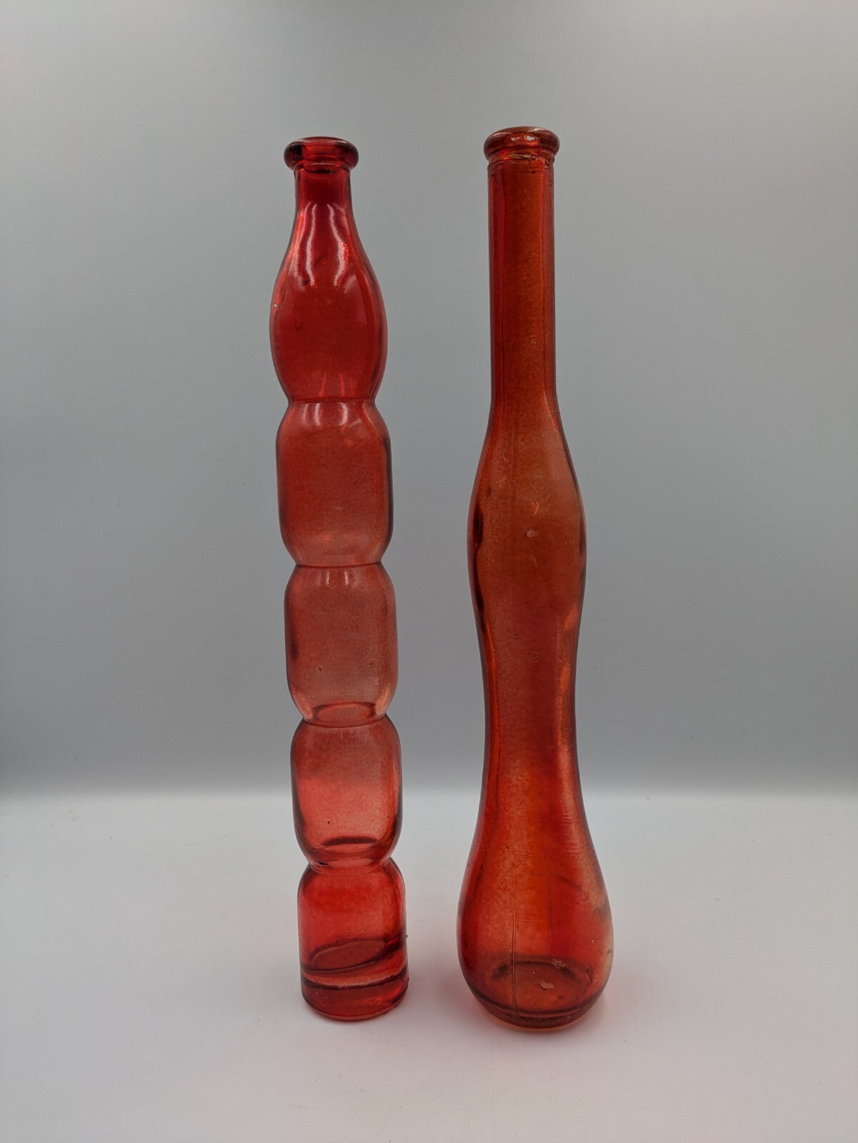 Vintage Retro Red Glass Tall Skinny Wavy Wine Bottle Bohemia Czech Ribbed Vase 