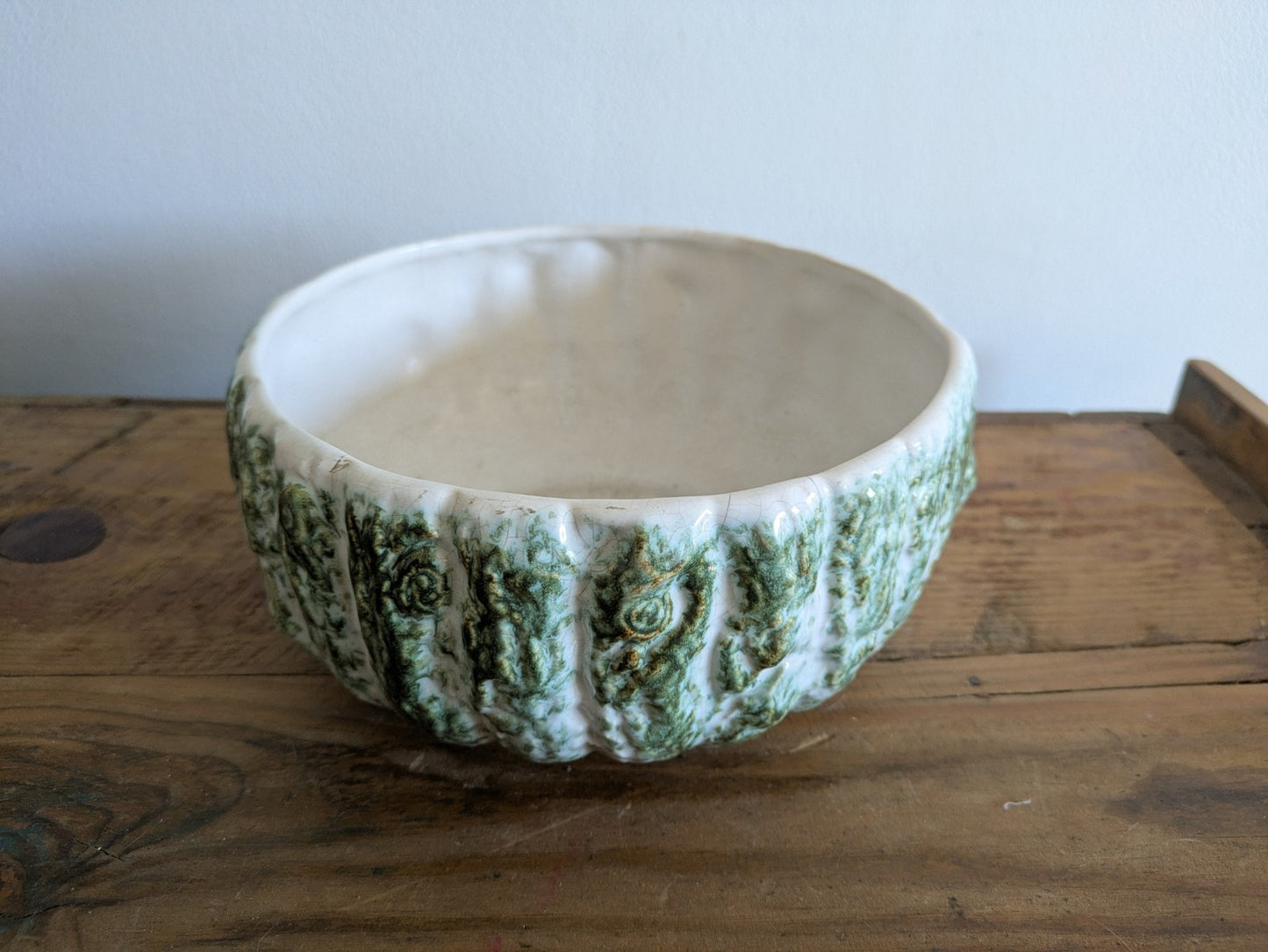 Sylvac Tree Bark Green Pottery Bowl Woodland Glaze Log Planter Vintage Mantle