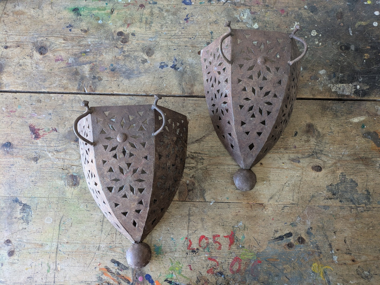 Pair Handmade Pierced Open Iron Moroccan Wall Sconces Lights Candles Lamp Decor