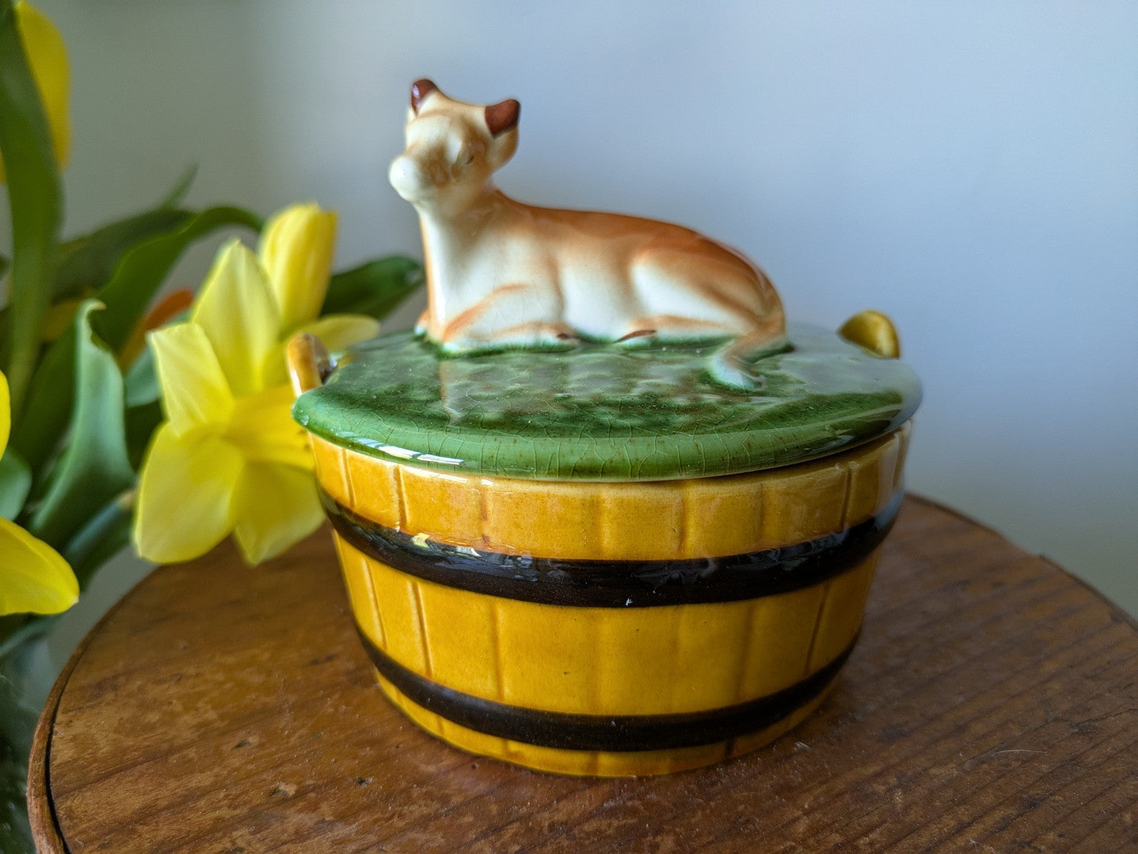 Vintage Secla Pottery Majolica Lidded Butter Dish - cow on a barrel Pot Cheese