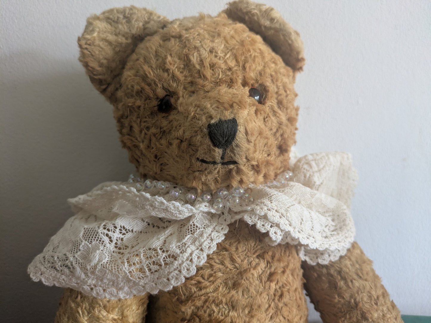 Antique Vintage Teddy Bear Straw Mohair  Articulated Jointed Toy Collar Prop Vgc