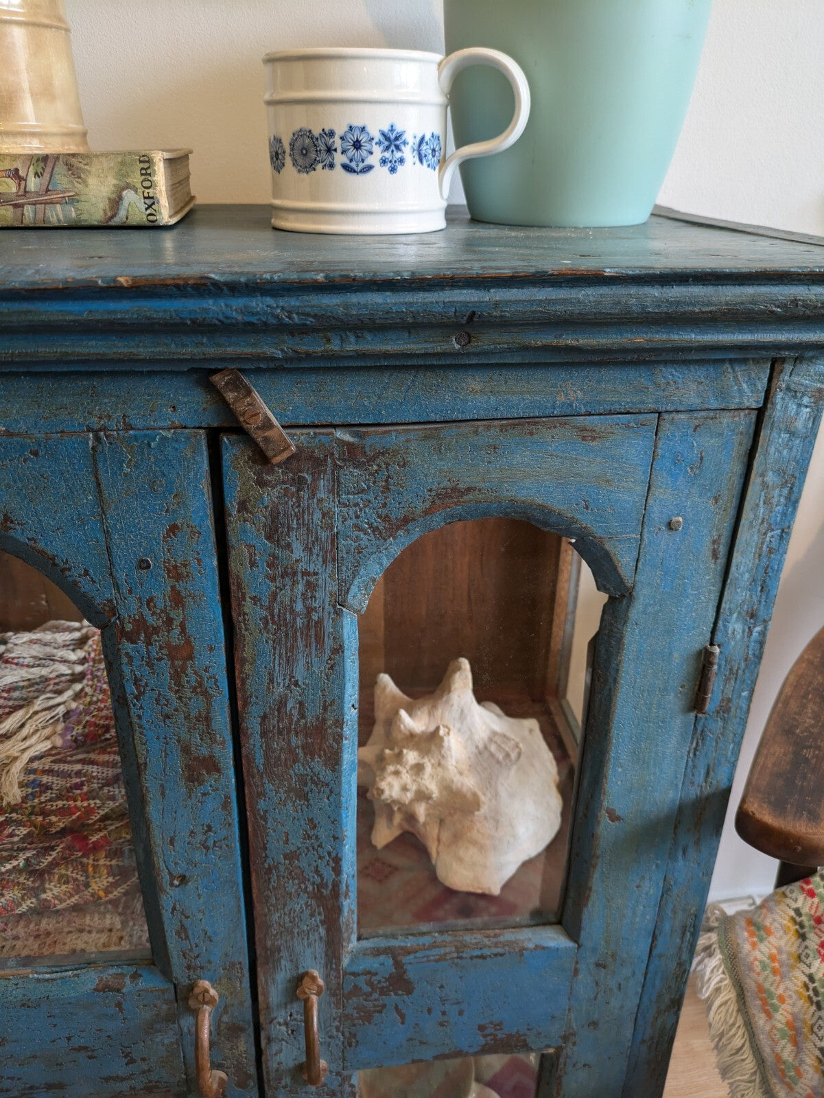 Restored Antique Vintage Indian Cabinet Cupboard Paint Glazed Reclaim Blue Arch