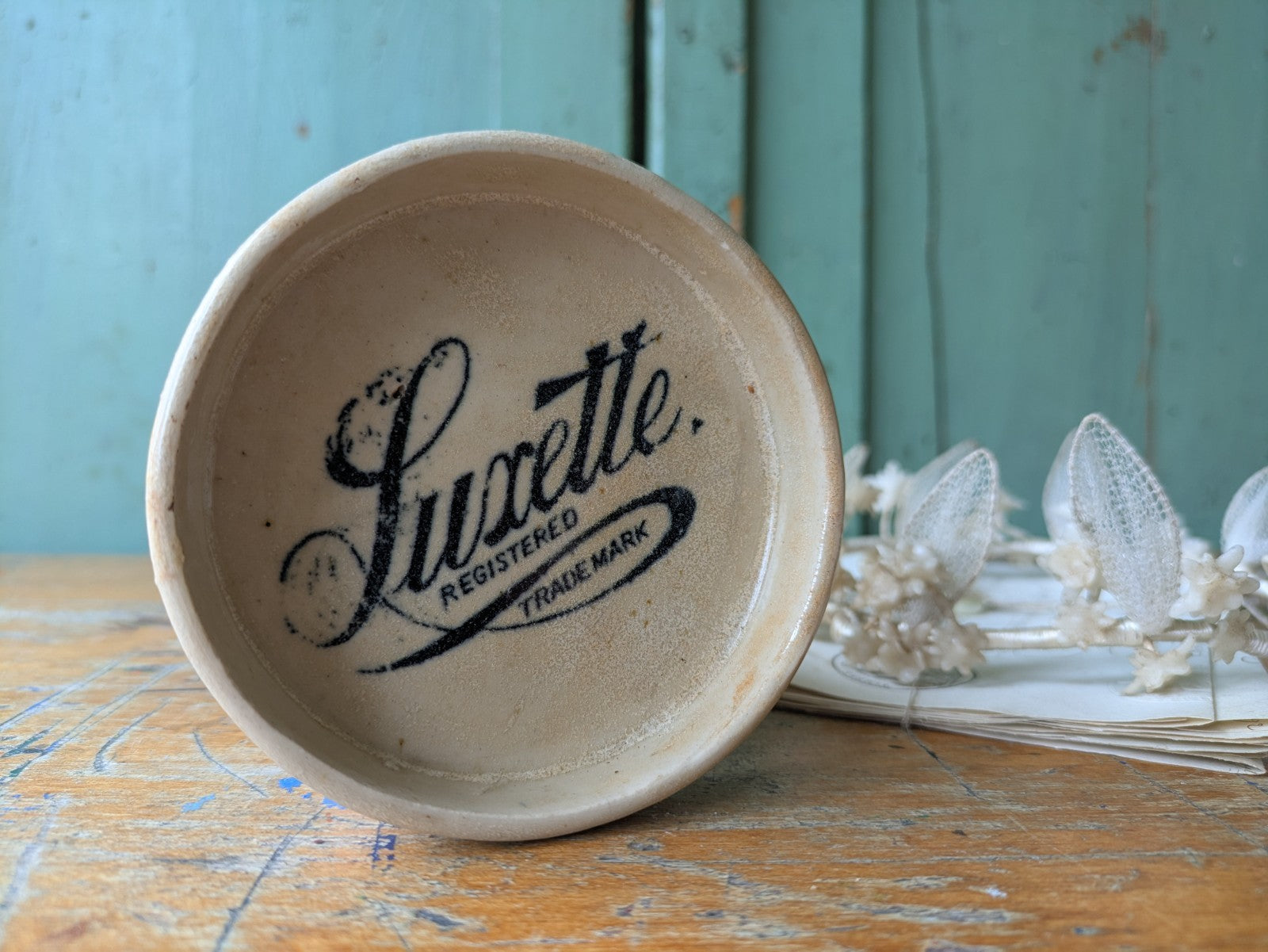 Old Vintage Antique Printed Pottery Ceramic Sign Tip Ashtray Luxette Soap Dish