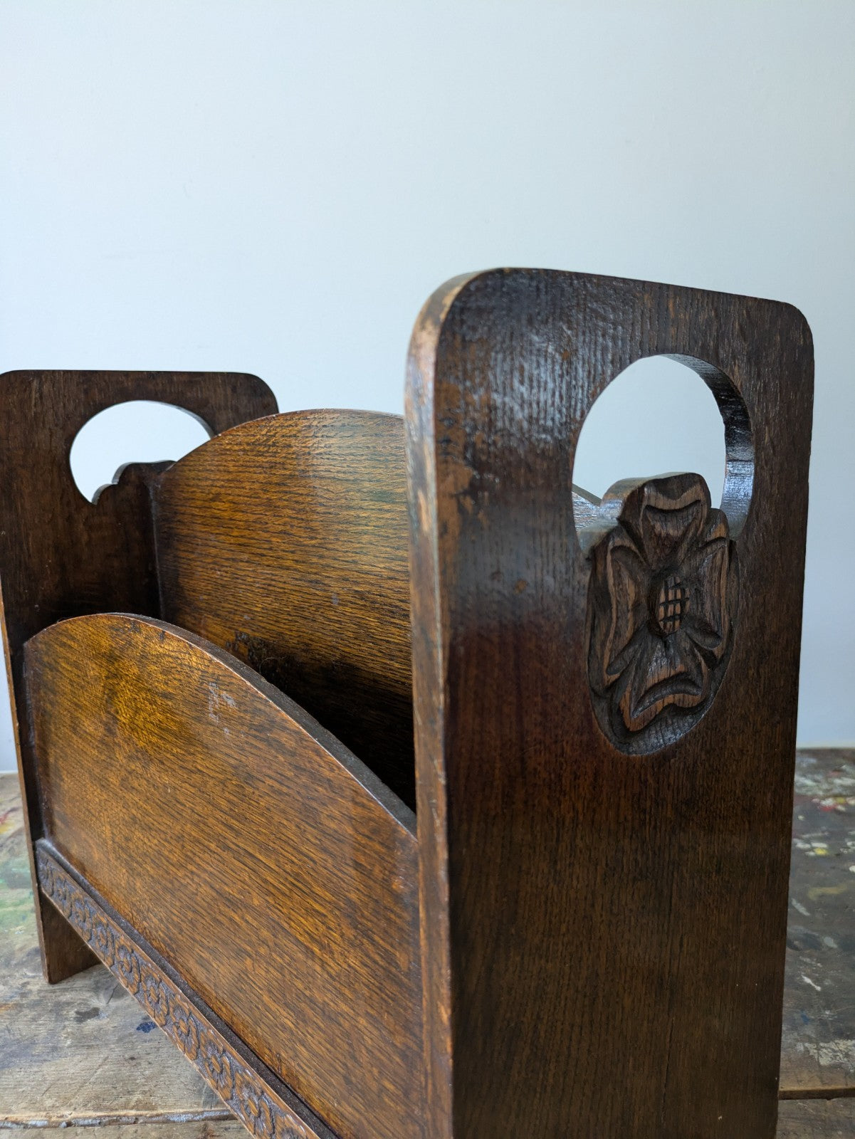 Antique Art Deco Oak Newspaper Stand 1930's Canterbury Carved Rose Magazine Rack