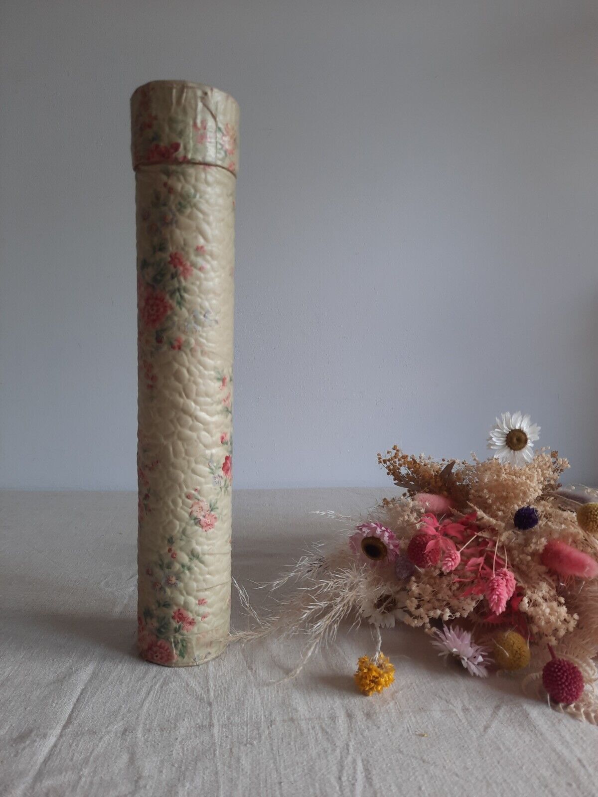 Vintage Knitting Needle Floral Case Rose Fabric Tube Rare Antique French Shabby 