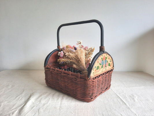 Large Vintage Round Woven Wicker Basket Folk Art Floral Handle Boho Storage Rare