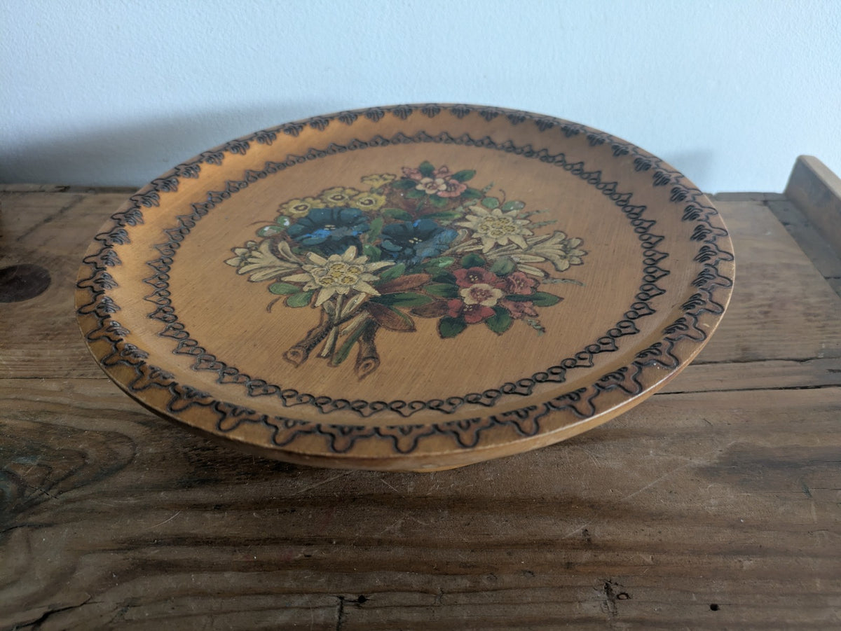 Vintage Hand Carved Wood Rotating Pedestal Plate Alipine Flowers Music Song Vgc