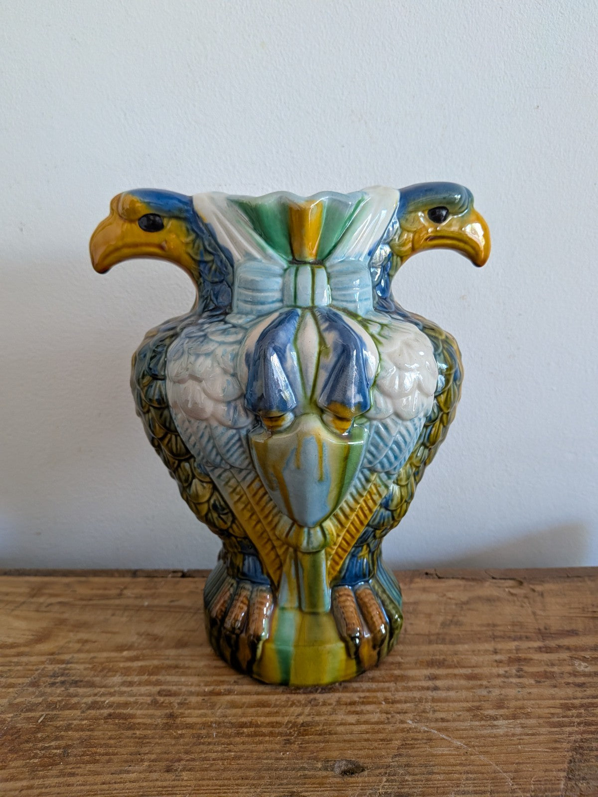 Vtg Mid Century Majolica Style Italian French Double Eagle Head Earthenware Vase