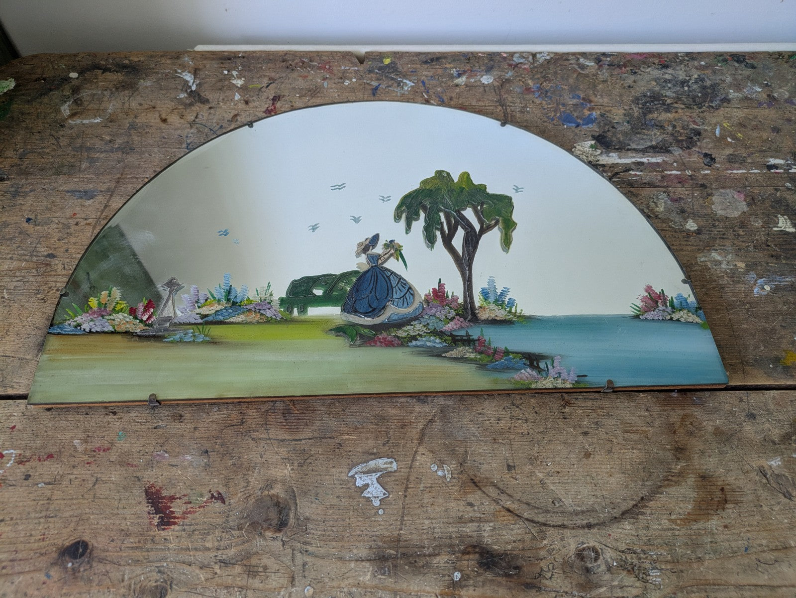 Vintage Art Deco Hand Painted Bevelled Wall Mirror Crinoline Lady Spring Garden