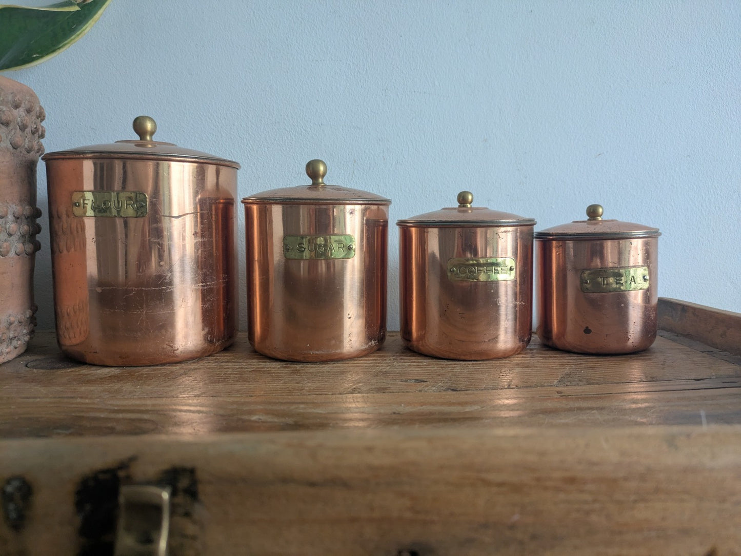 Vtg Copper 4 Nesting Kitchen Canisters MCM Farmhouse Flour Tea Coffee Sugar Prop