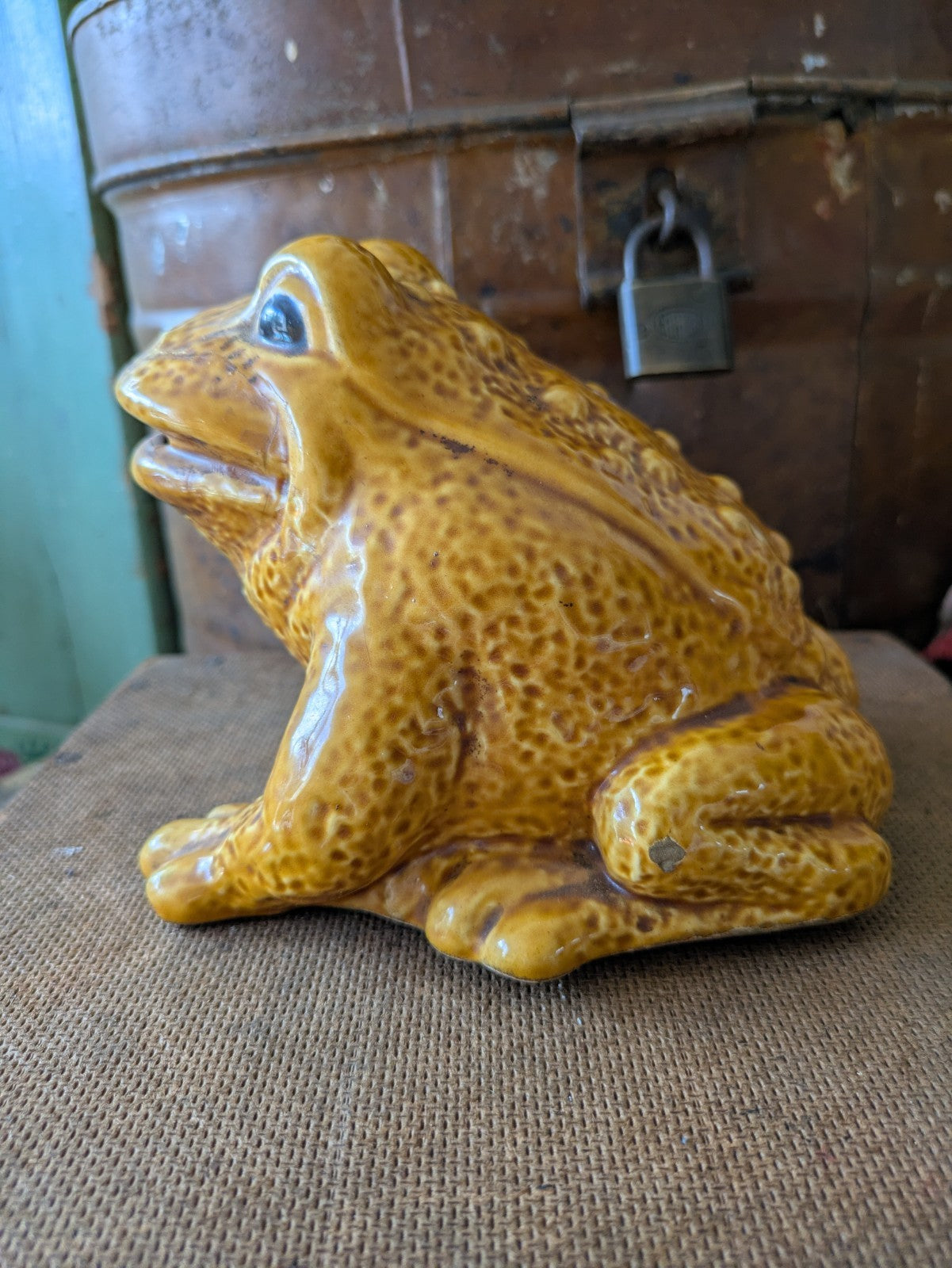 Vintage Trentham Frog Art Pottery Toad Money Bank Piggybank Yellow Ceramic Rare