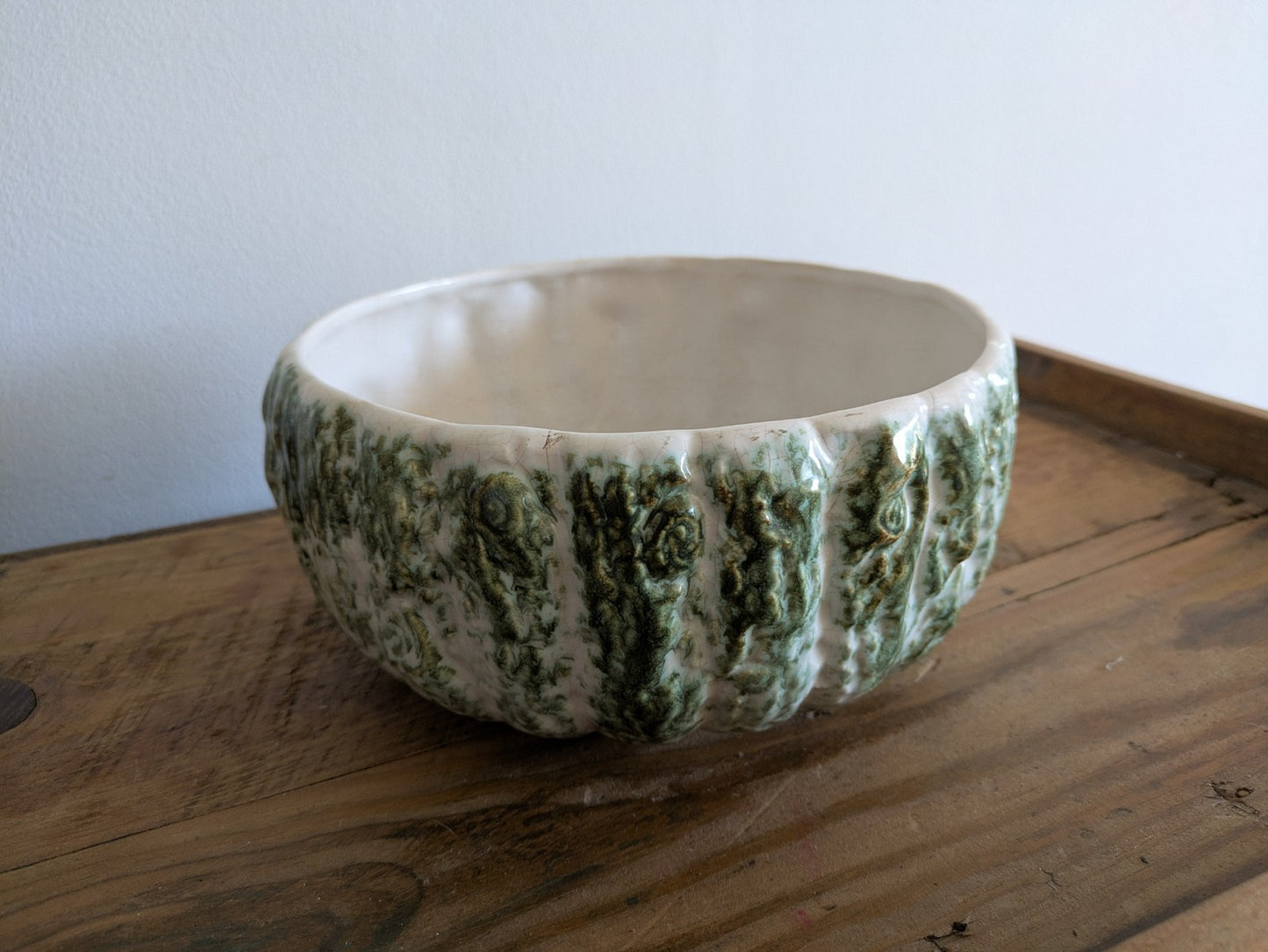 Sylvac Tree Bark Green Pottery Bowl Woodland Glaze Log Planter Vintage Mantle