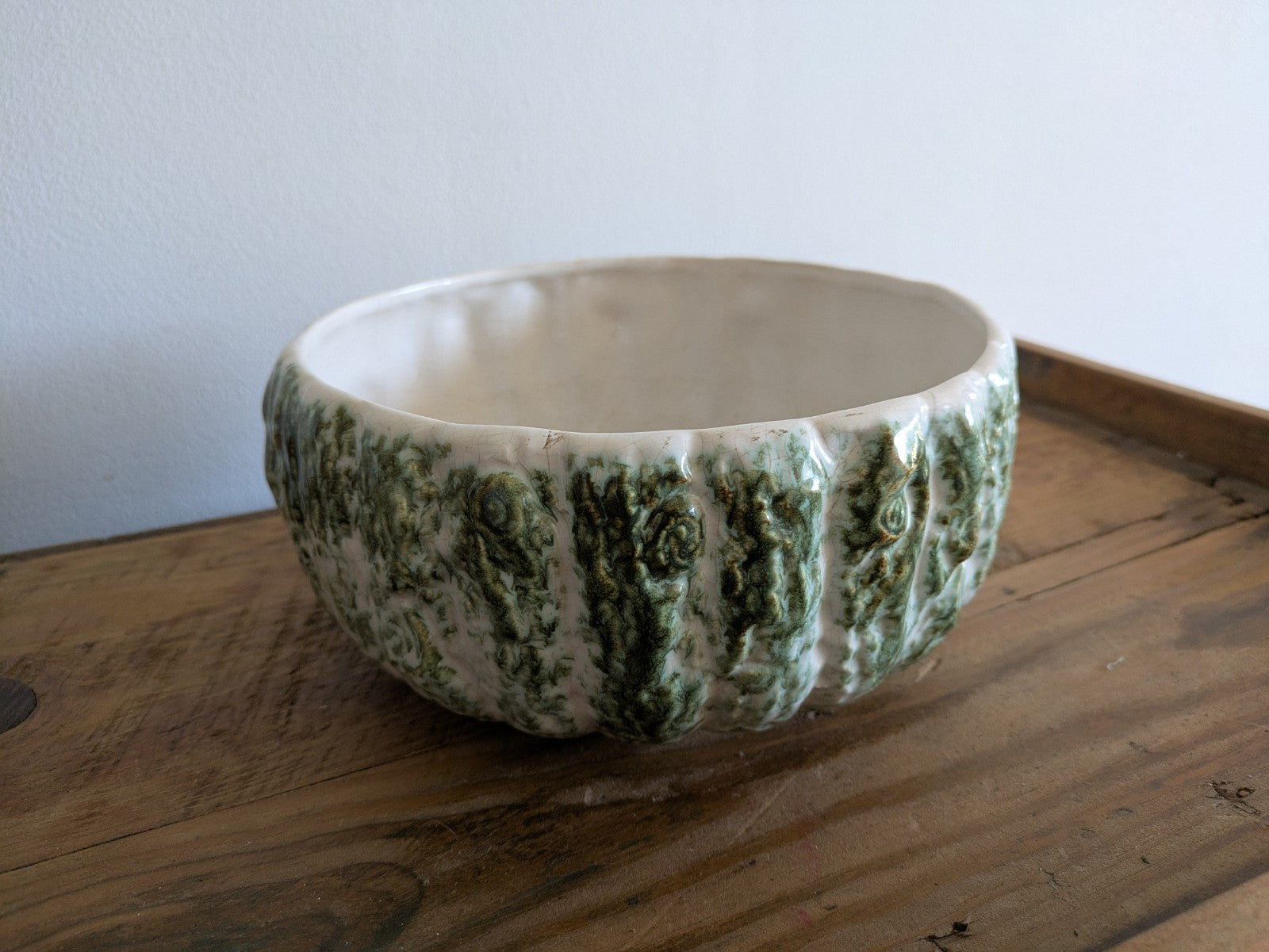 Sylvac Tree Bark Green Pottery Bowl Woodland Glaze Log Planter Vintage Mantle