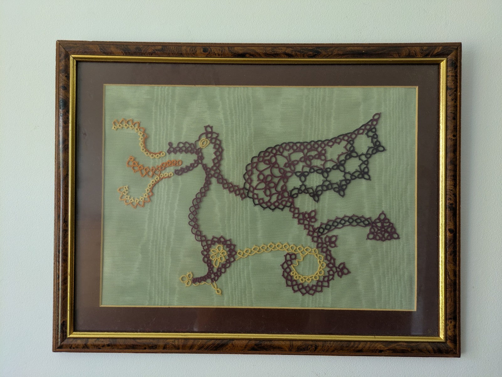 Vintage Welsh Fire Breathing Dragon Tatted Lace Framed Picture Handmade Wales 