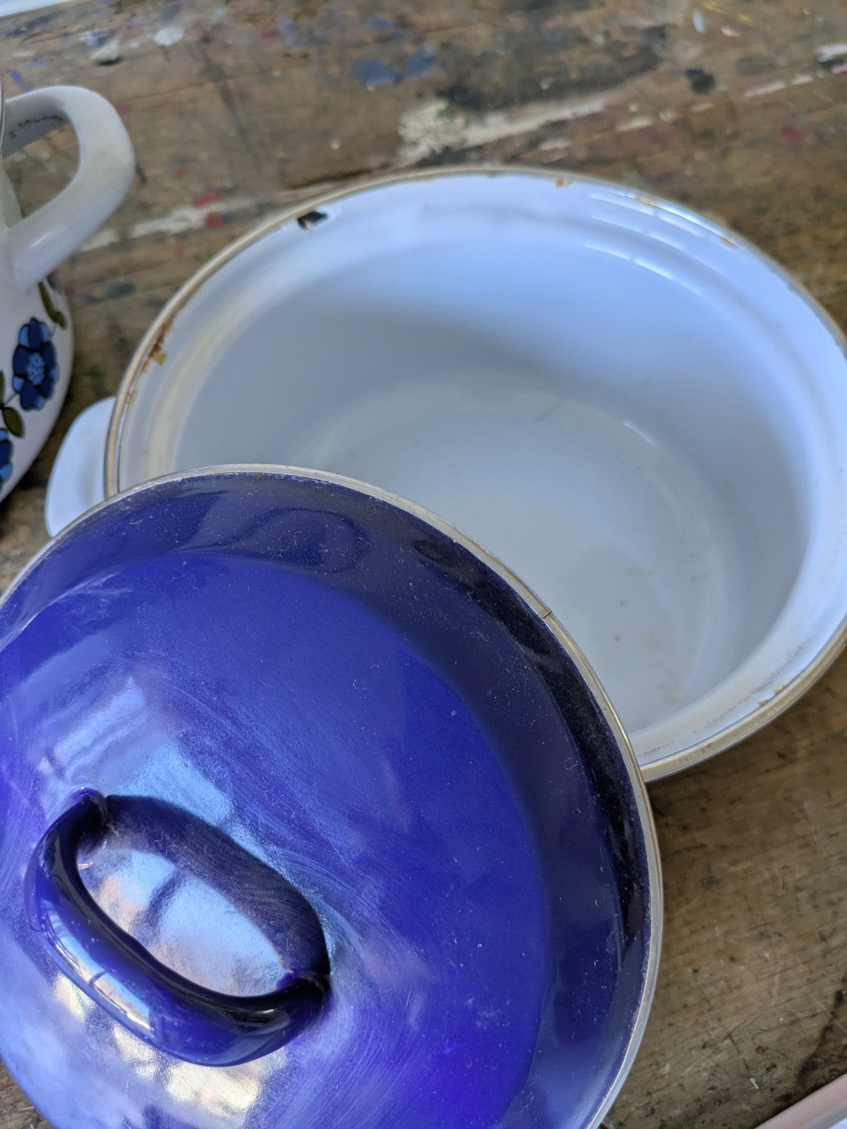 3x Vtg 70s Blue Taunton Vale Floral Saucepan Casserole Dish Pans Enamel Retro