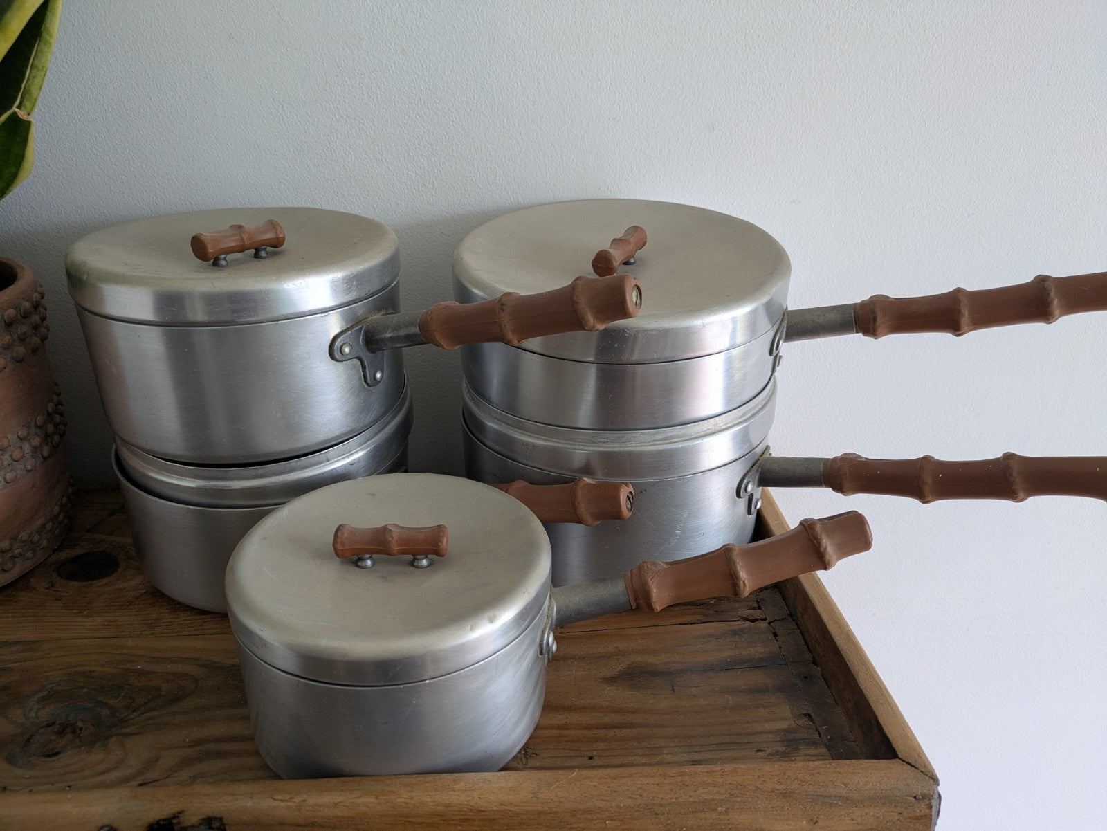 Vtg Retro Bamboo Mirro Ware Stainless Steel Aluminium Cooking Pots Sauce Pan Fry