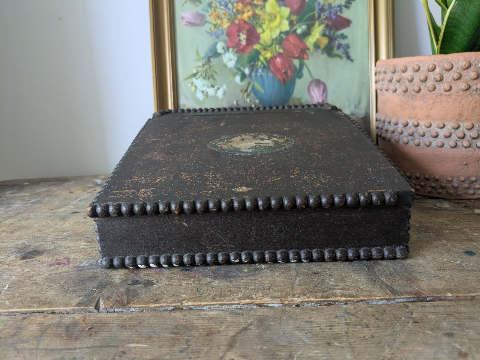 Antique Vintage Students Table Top Writing Slope Bobbin Small Box Stationary Old