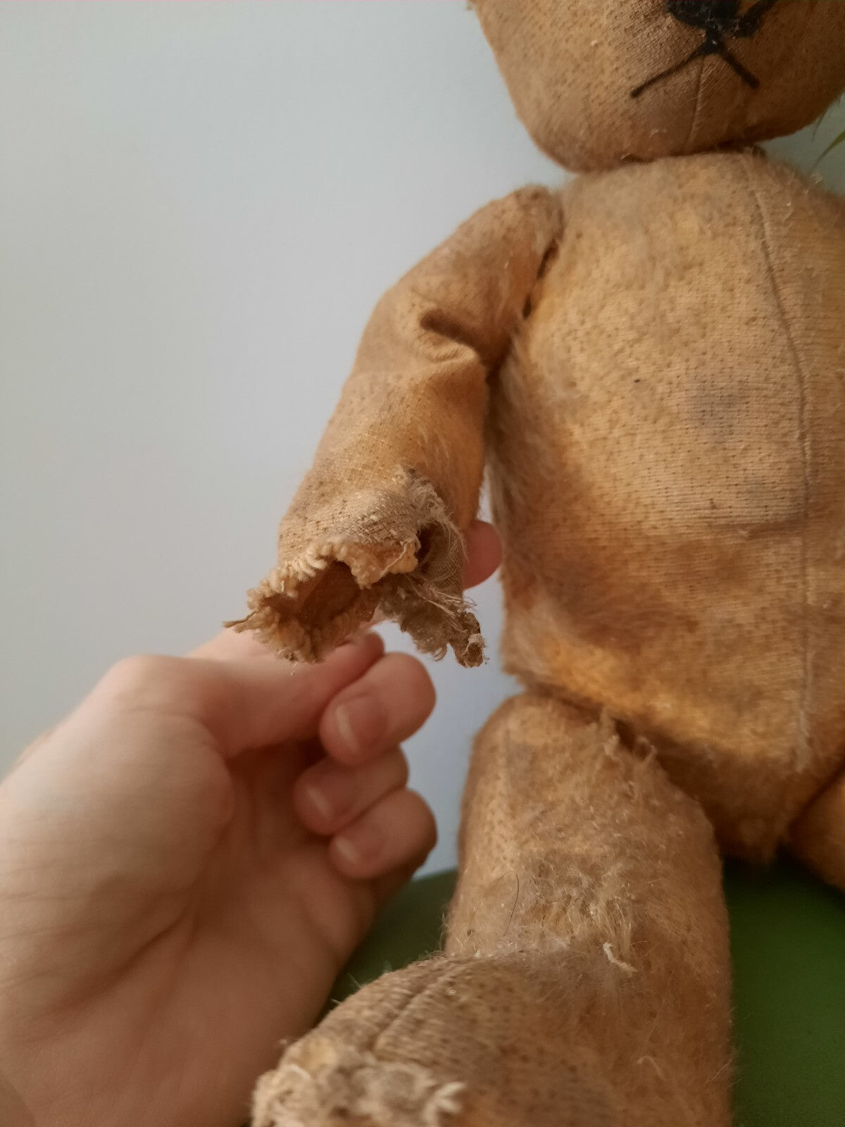 Antique Jointed Old Mohair Teddy Bear straw stuffed vintage RARE worn toy play