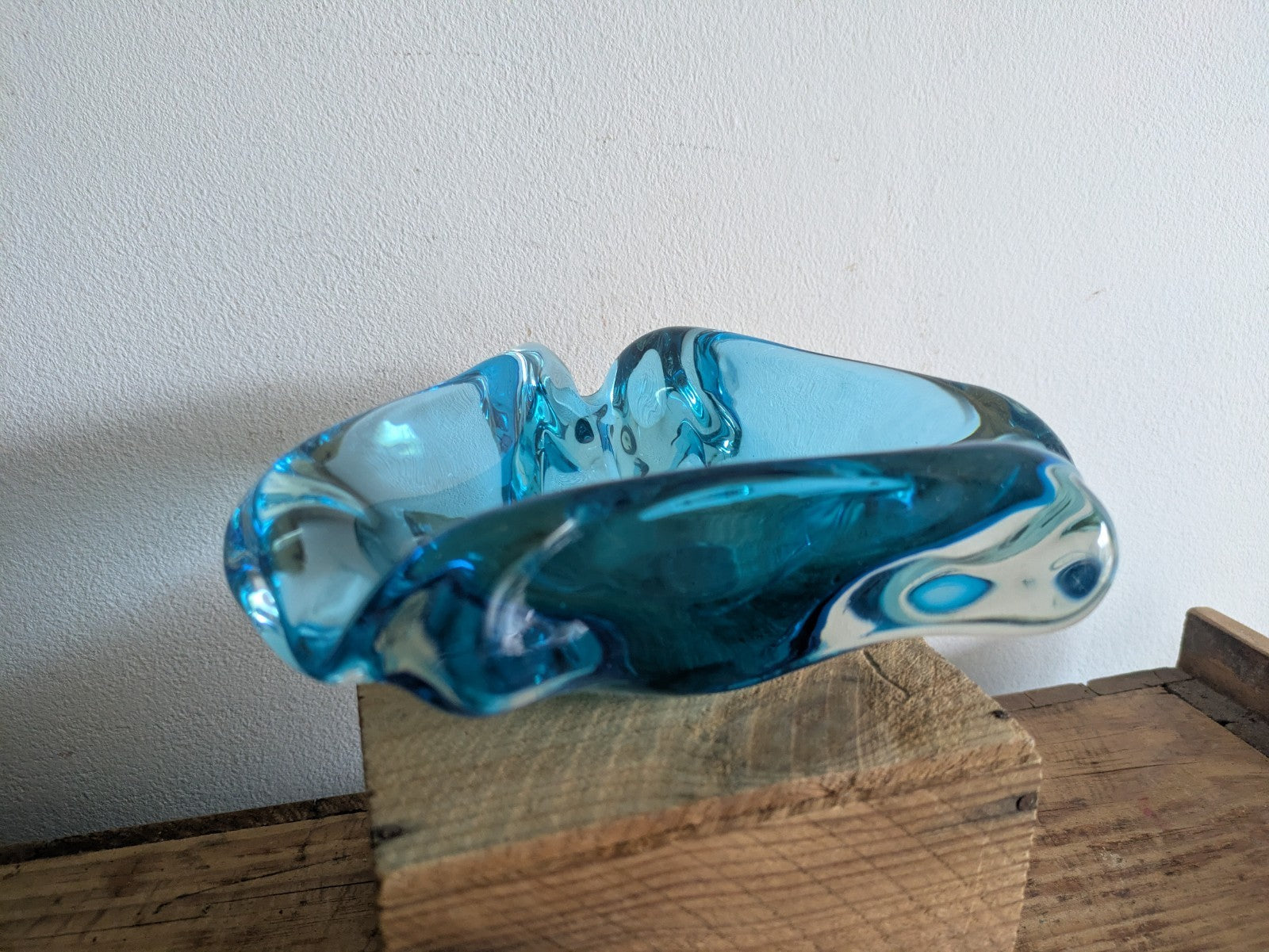 Vintage Murano Turquoise Blue Triangular Art Glass Bowl Ashtray MidCentury Retro