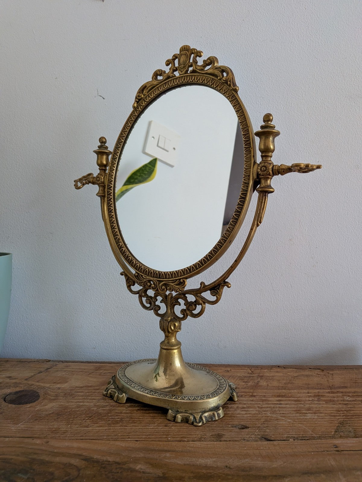 Antique Vintage Oval Dressing Brass Metal Table Vanity Swing Mirror French Style