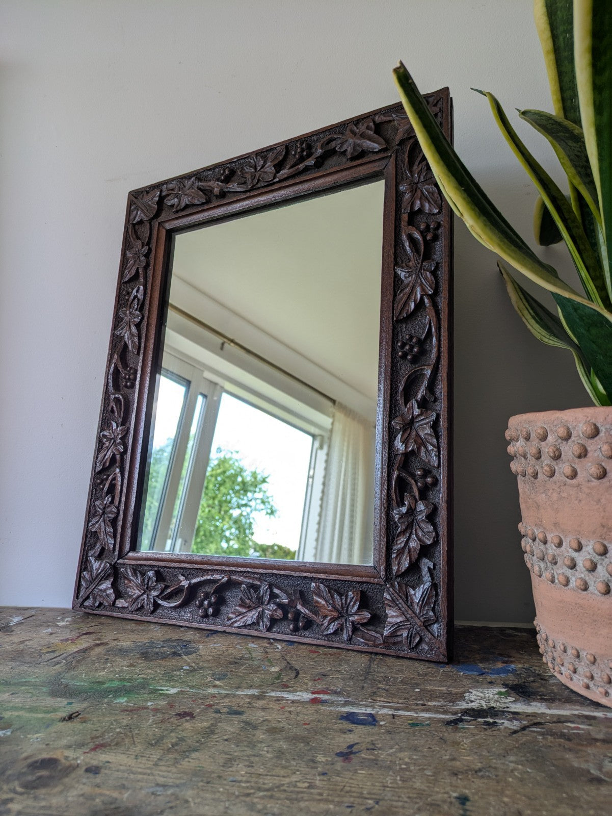C1890 Victorian Rectangular Mirror Antique Oak Hand Carved Frame Berries Leaves