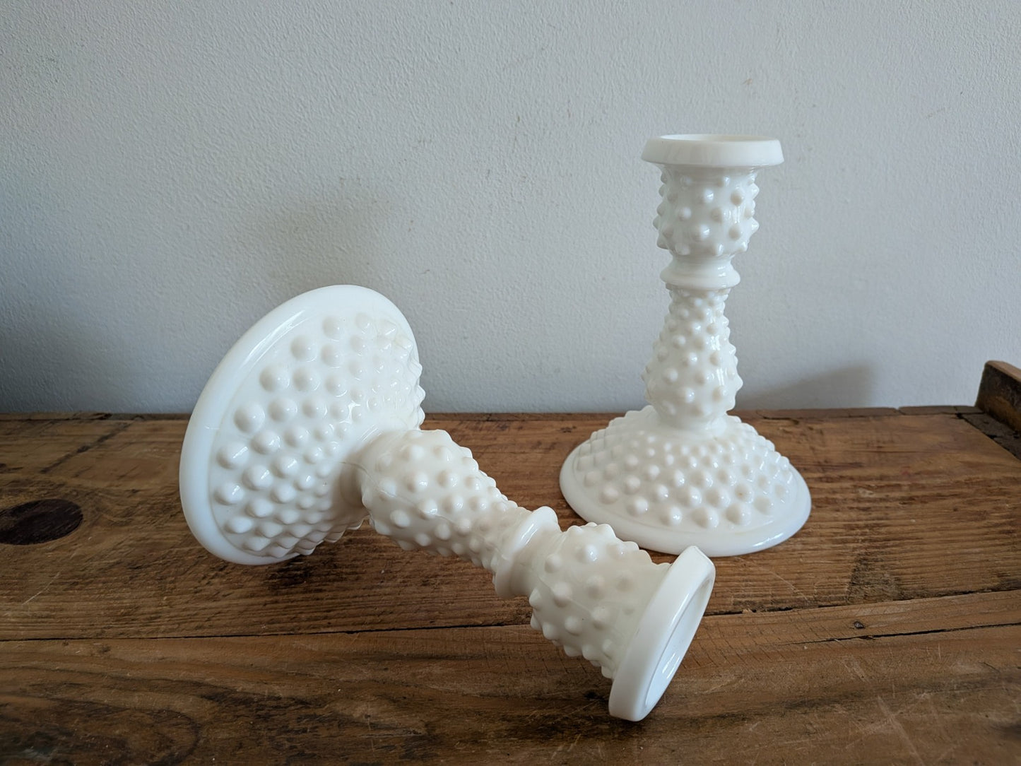 Vintage Fenton White Hobnail Milk Glass Pair Candlestick Holders 14.5cm H Vgc 