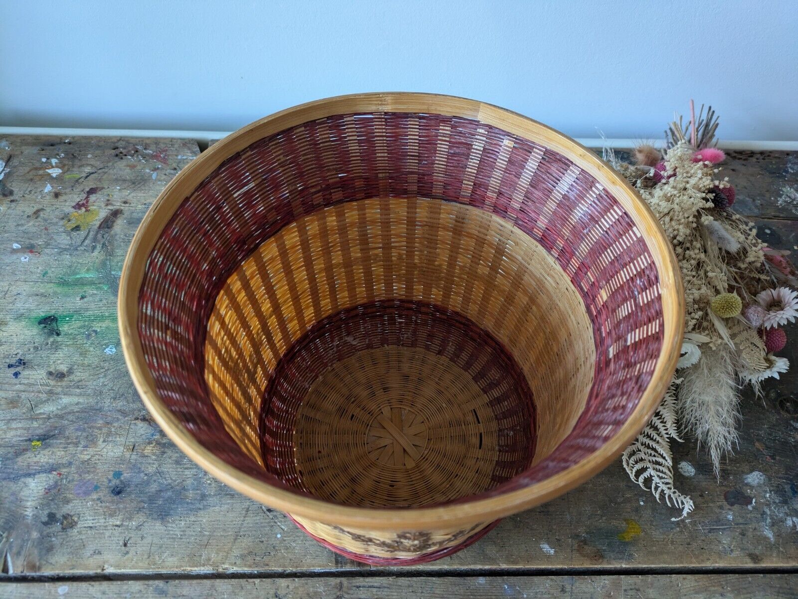 Red Cane Round Wicker Waste Paper Basket Woven Leaves Storage Vintage Bin Retro
