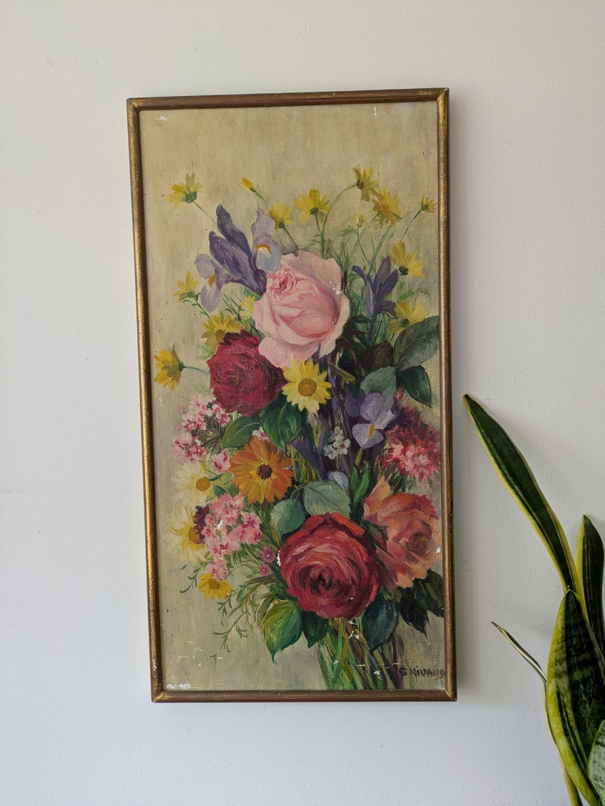Antique Oil Painting Floral Bouquet Picture framed vintage Still Life On Canvas 