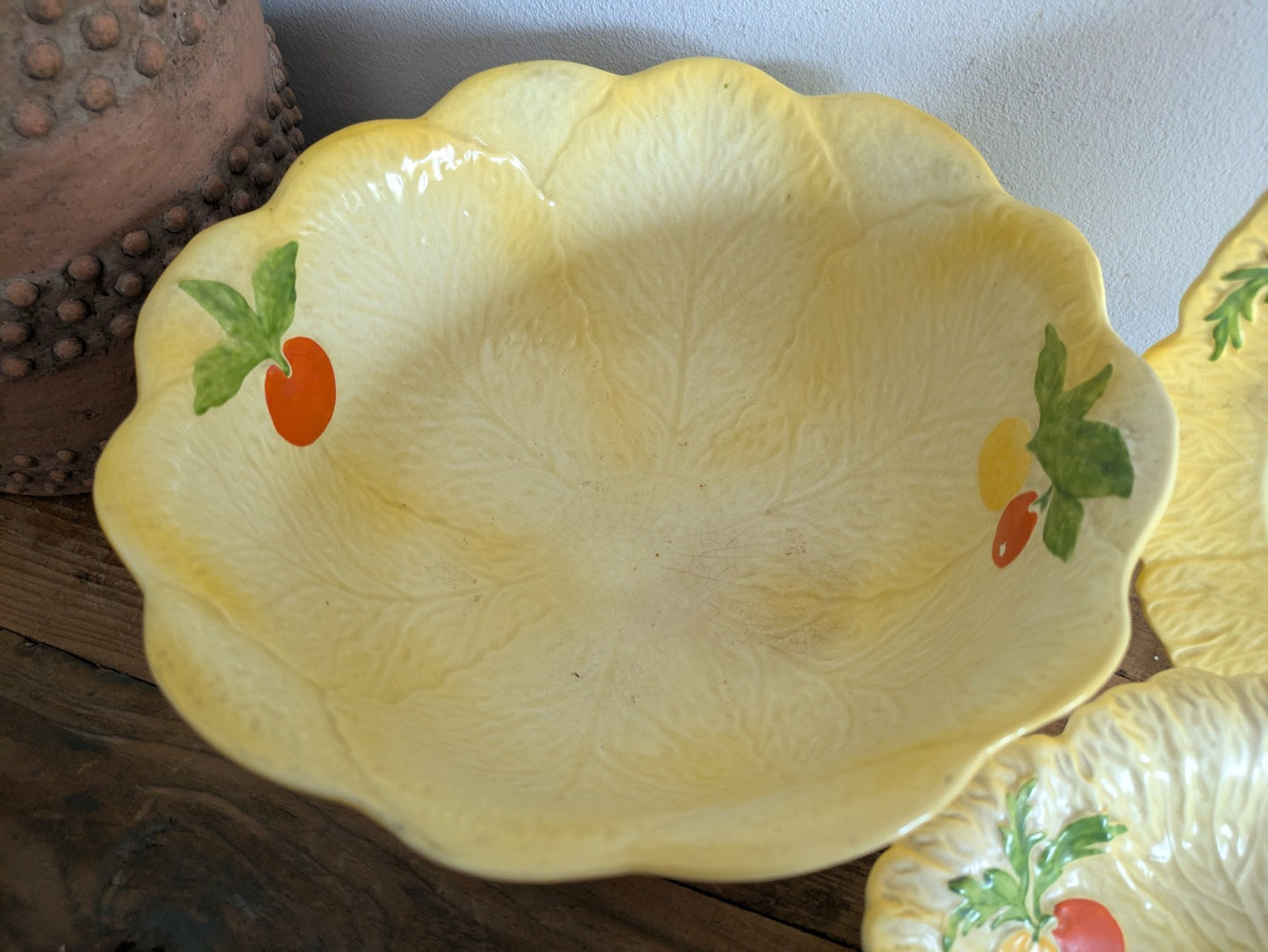 Falcon Ware Yellow Fruit Bowl Leaf Plate Painted Fruits Spring Art Deco Sieve
