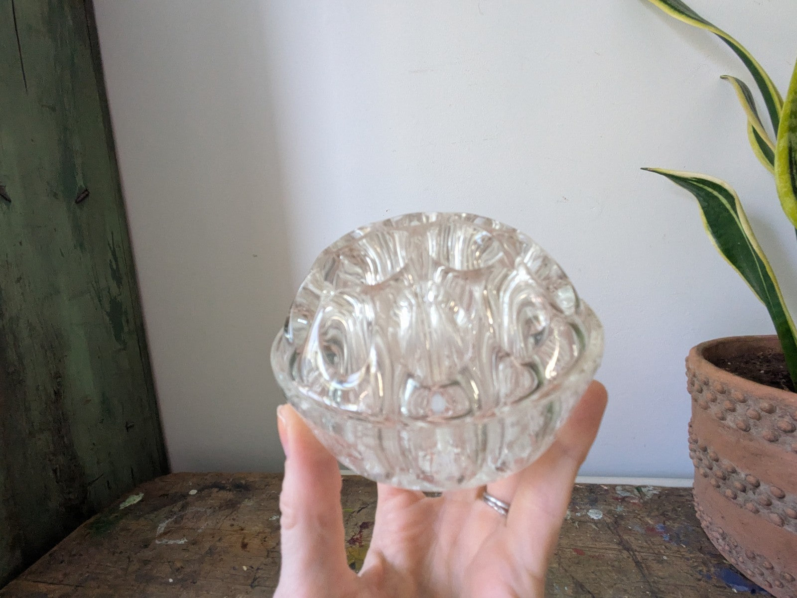 Vintage Glass Flower Frog with 19 Holes Paperweight Decor Florist Clear Vase Old
