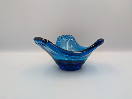 Vintage Mid Century 60s Murano Style Candy Dish Cobalt Blue Pressed Glass Retro