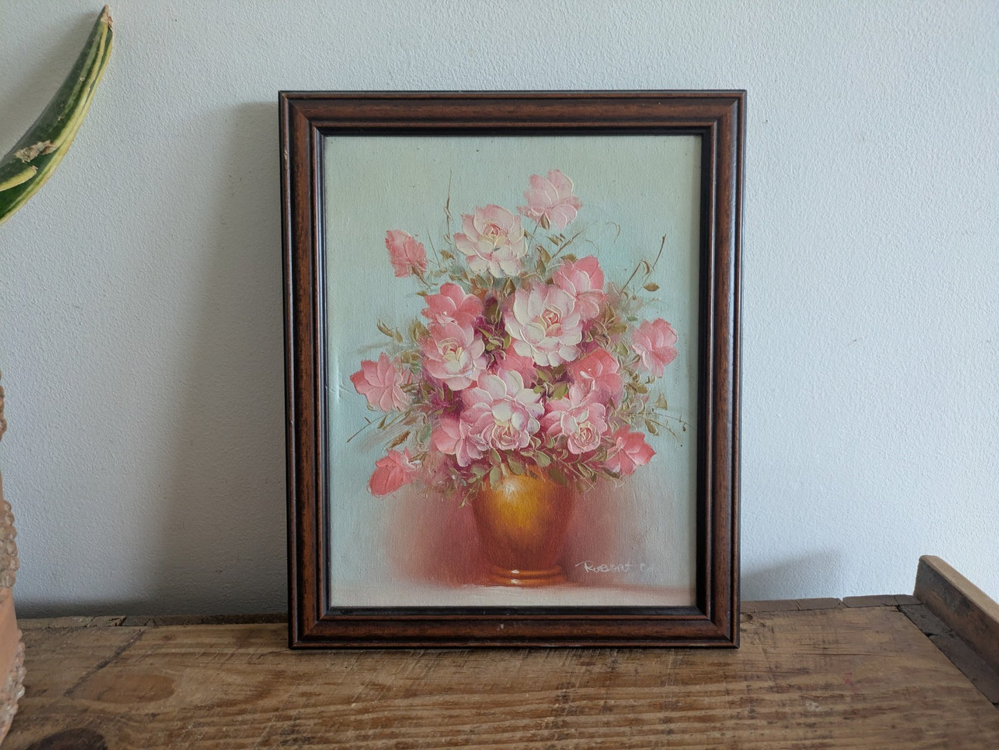 Vintage Framed Floral Oil Paintng Signed Robert Cox Pink Rose Canvas Frame Wood