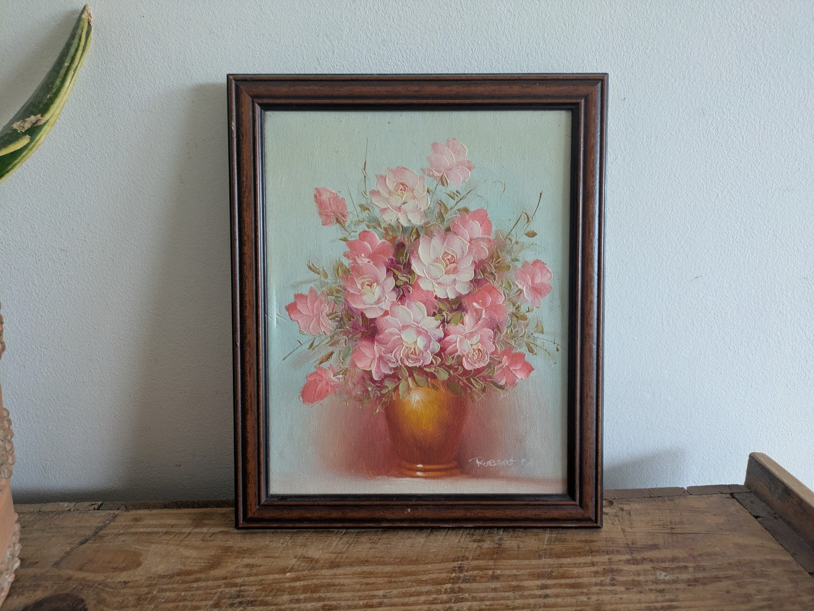 Vintage Framed Floral Oil Paintng Signed Robert Cox Pink Rose Canvas Frame Wood