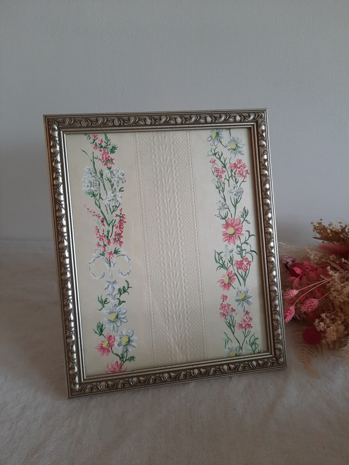 Floral picture Frame Wallpaper Sample gift framed Rare French Vtg Original Silve