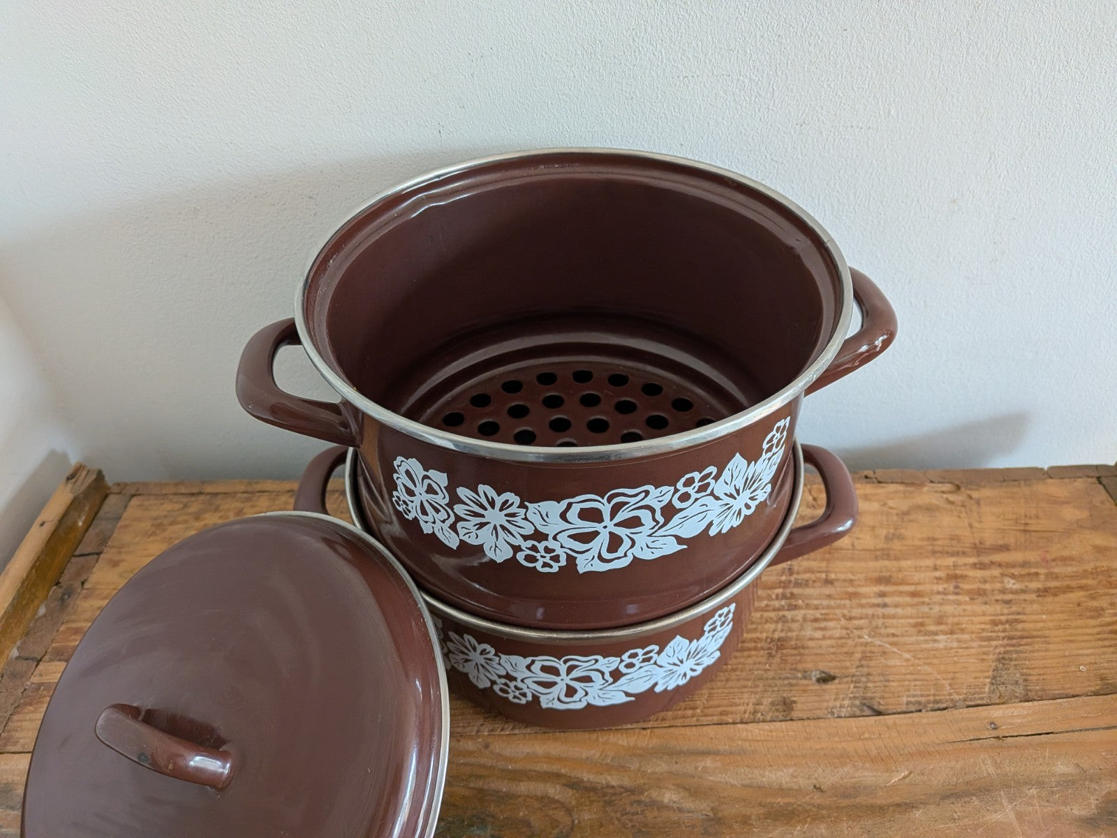 1970's Retro/Vintage Brown Enamel 2 Tier Steamer Stack Cooking Pan/Pot Set Pasta