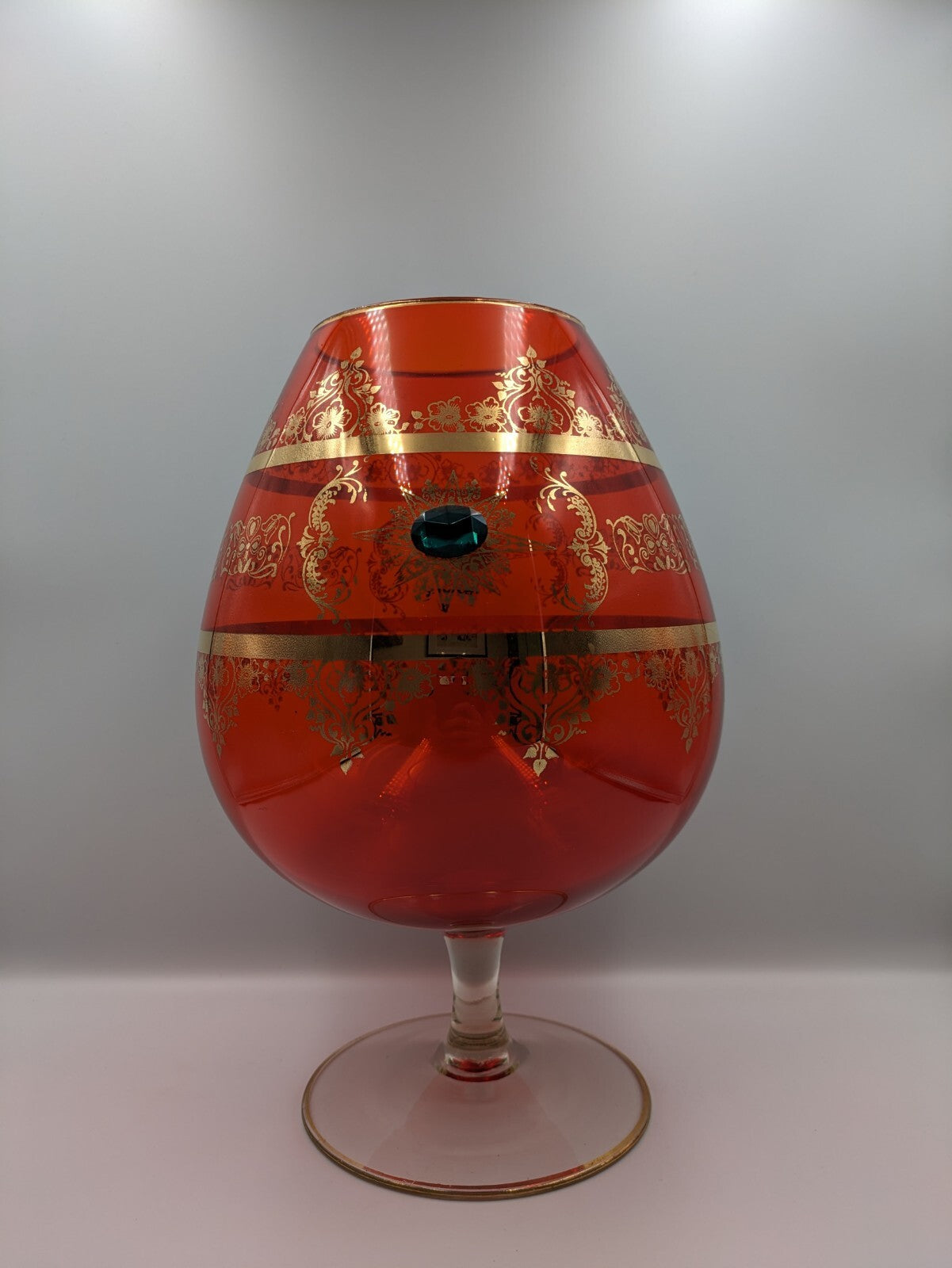 Vtg Cameo Venetian Ruby Gilt Gold Murano Glass Applied Gems Vase Snifter Brandy