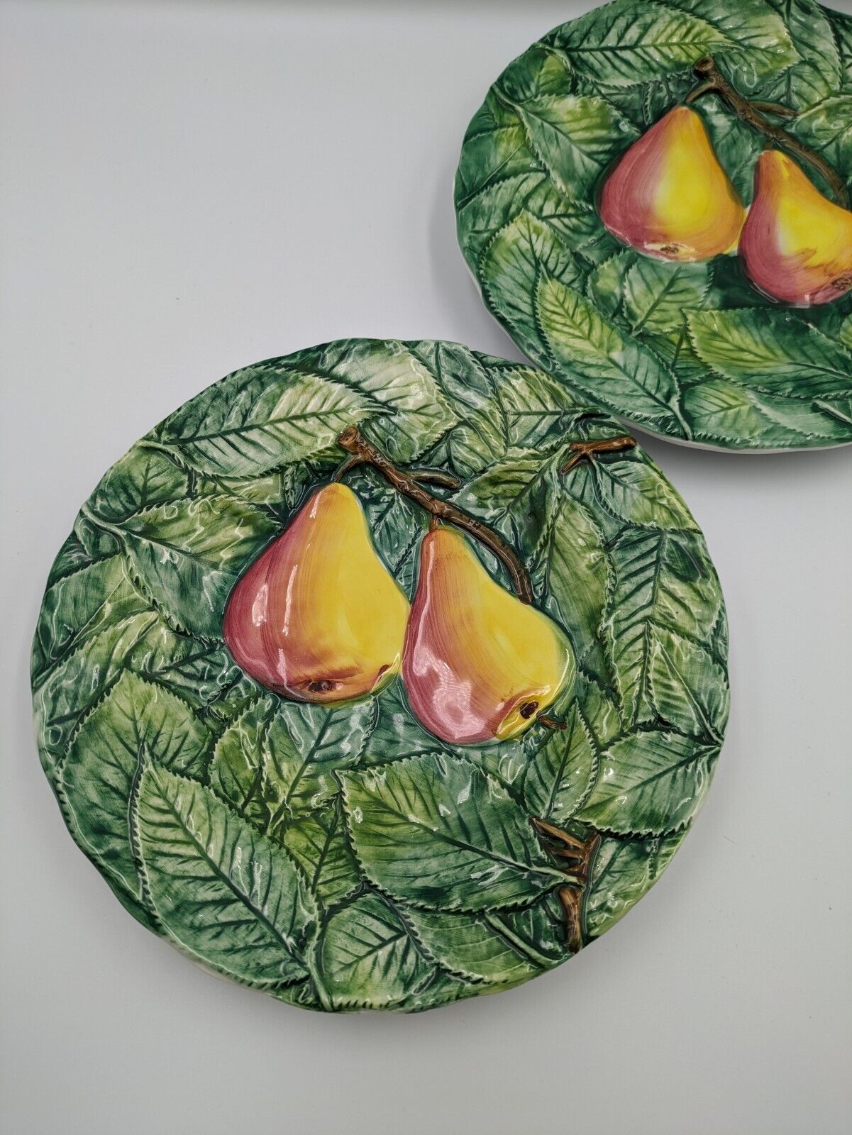 2x Neiman Marcus Majolica Fruit Plates Made in Italy Decorated Leaf Pear Side