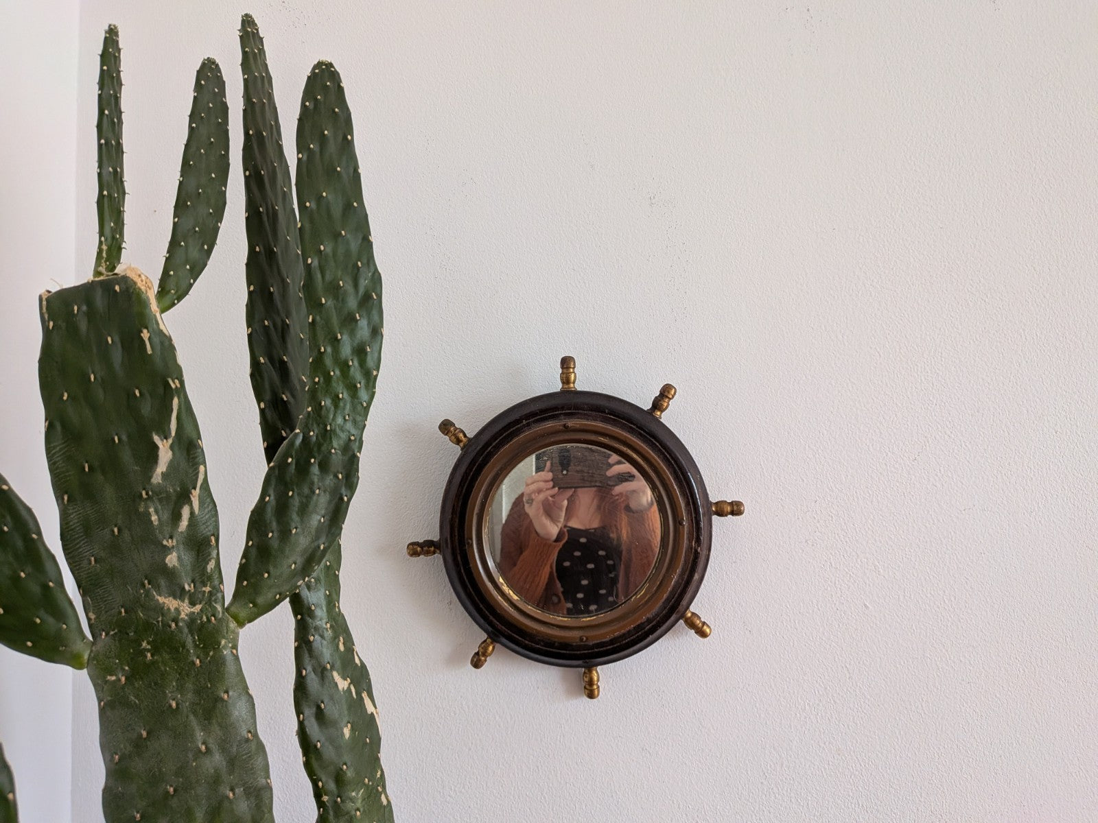 Antique Porthole Maritime Mirror Solid Oak Small Ships Wheel Nautical 1920s Vtg!