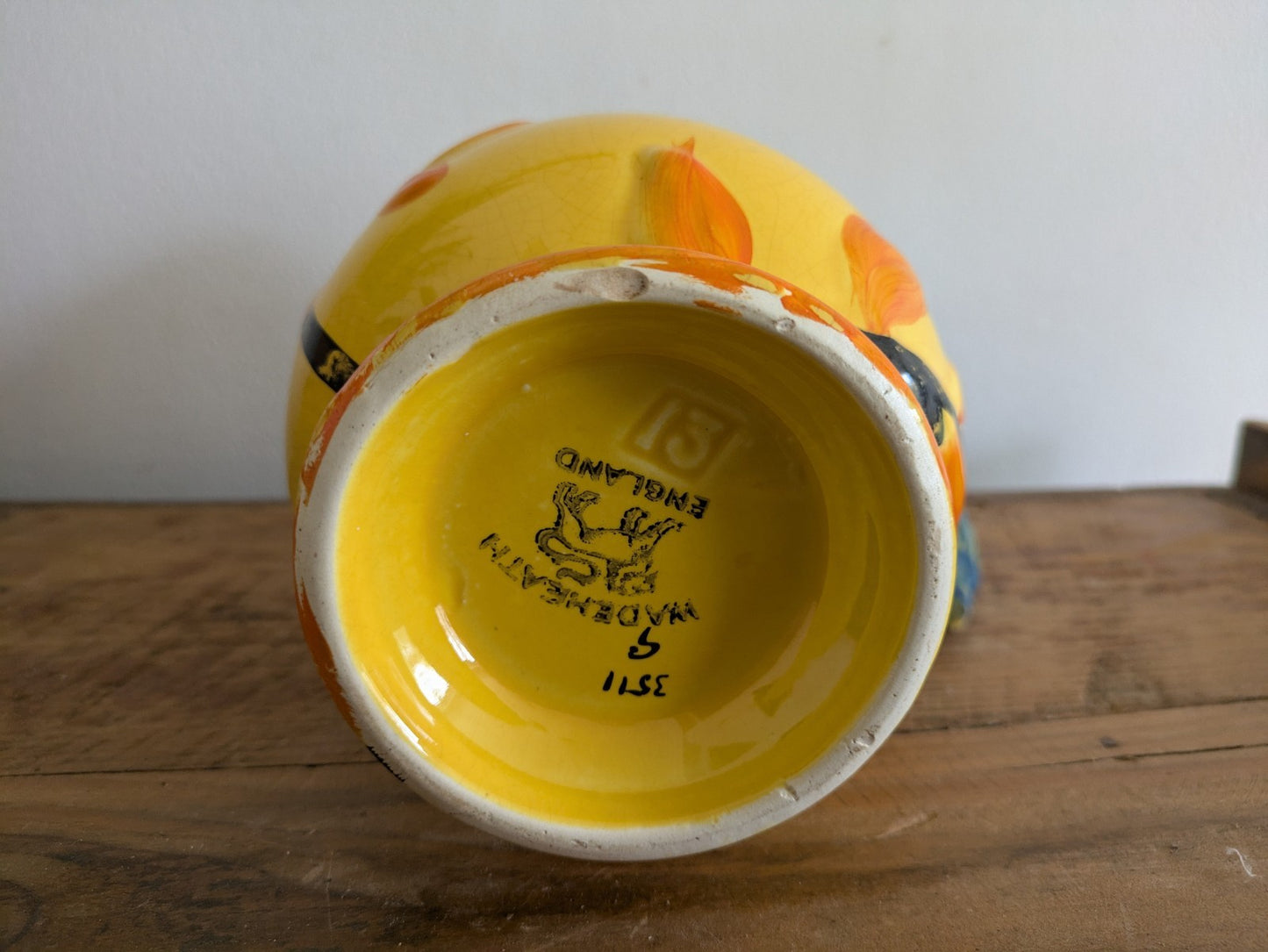 Art Deco Wade Heath Yellow Pitcher with Blue Parrot Bird Handle c 1934 Jug Vase