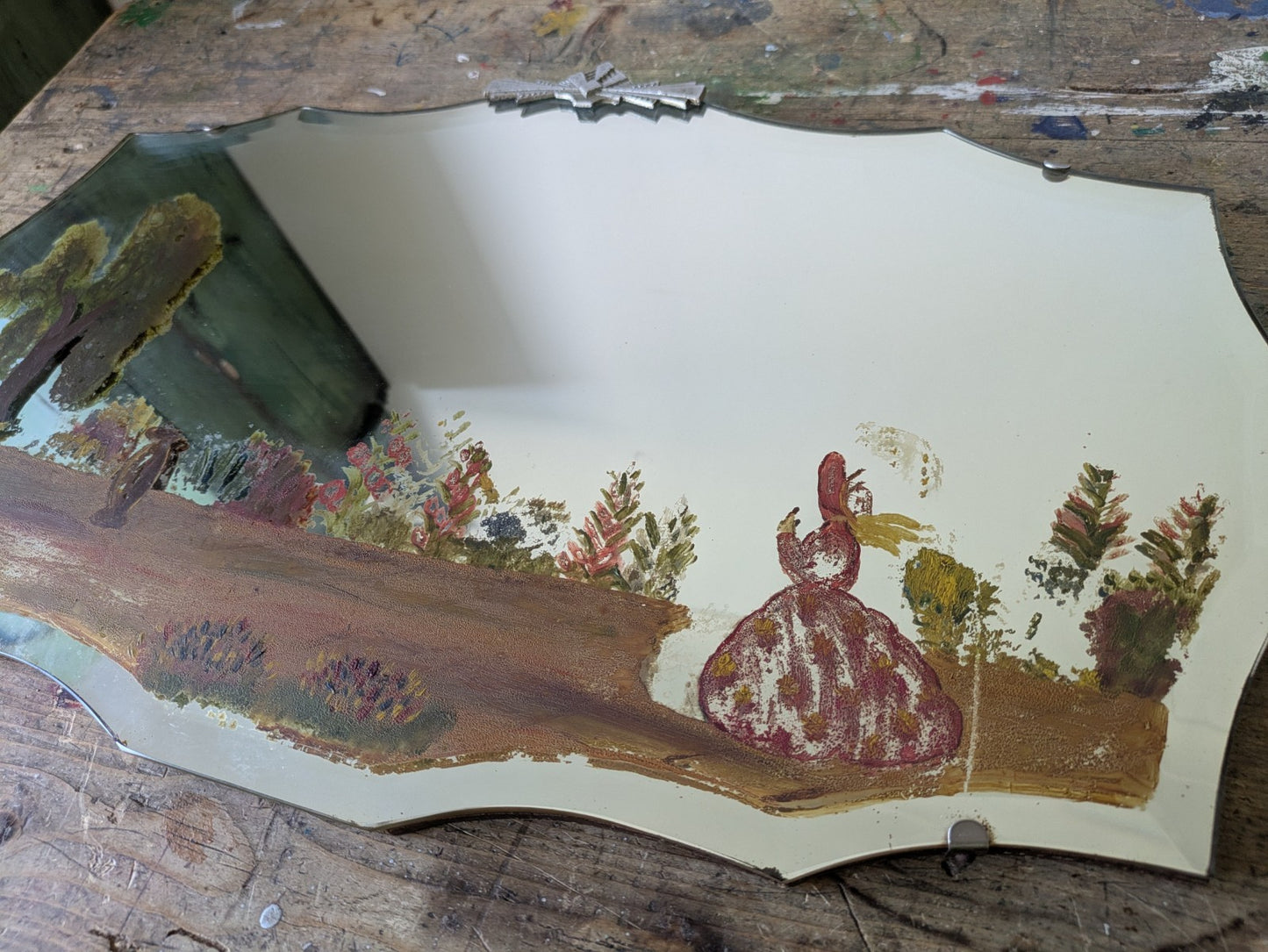 Vintage Art Deco Hand Painted Bevelled Wall Mirror Crinoline Lady Spring Garden