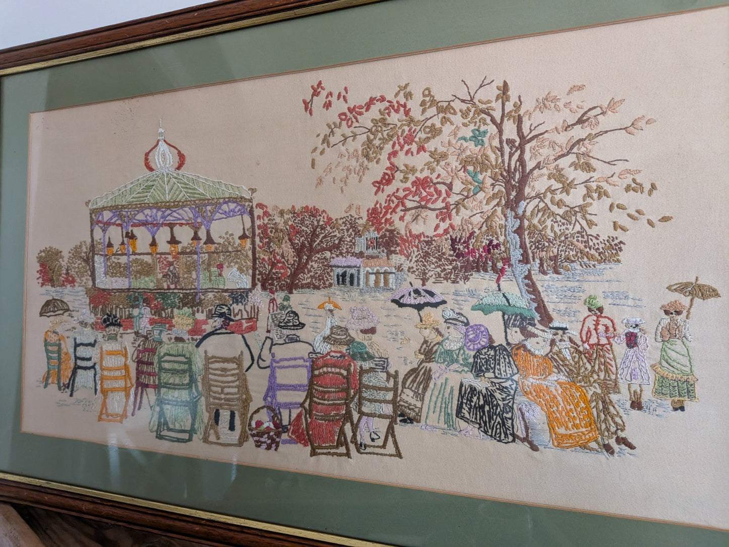 Vintage Cross Stitch Victorian Band Stand Play Framed Embroidery Crewel Large
