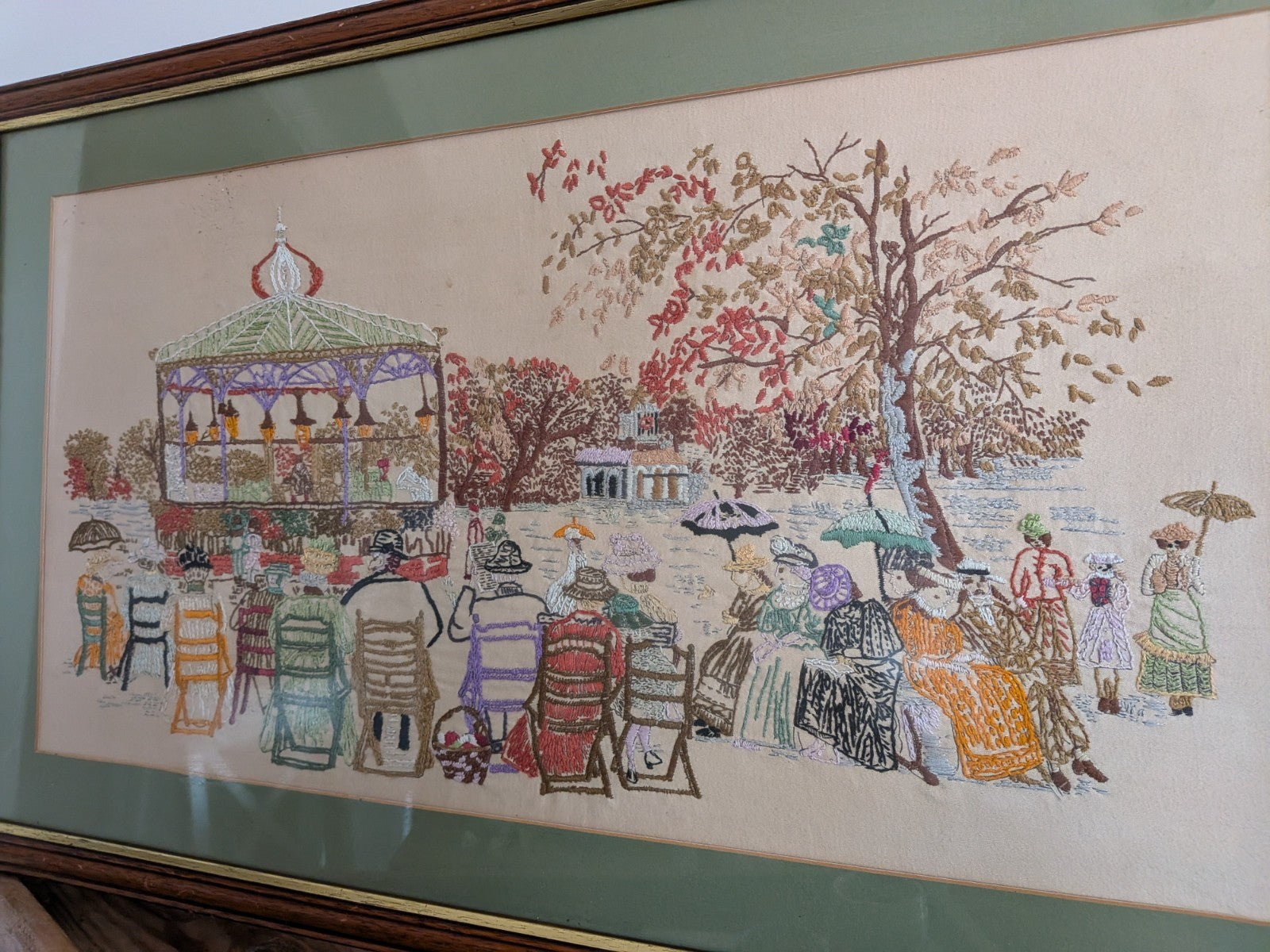 Vintage Cross Stitch Victorian Band Stand Play Framed Embroidery Crewel Large