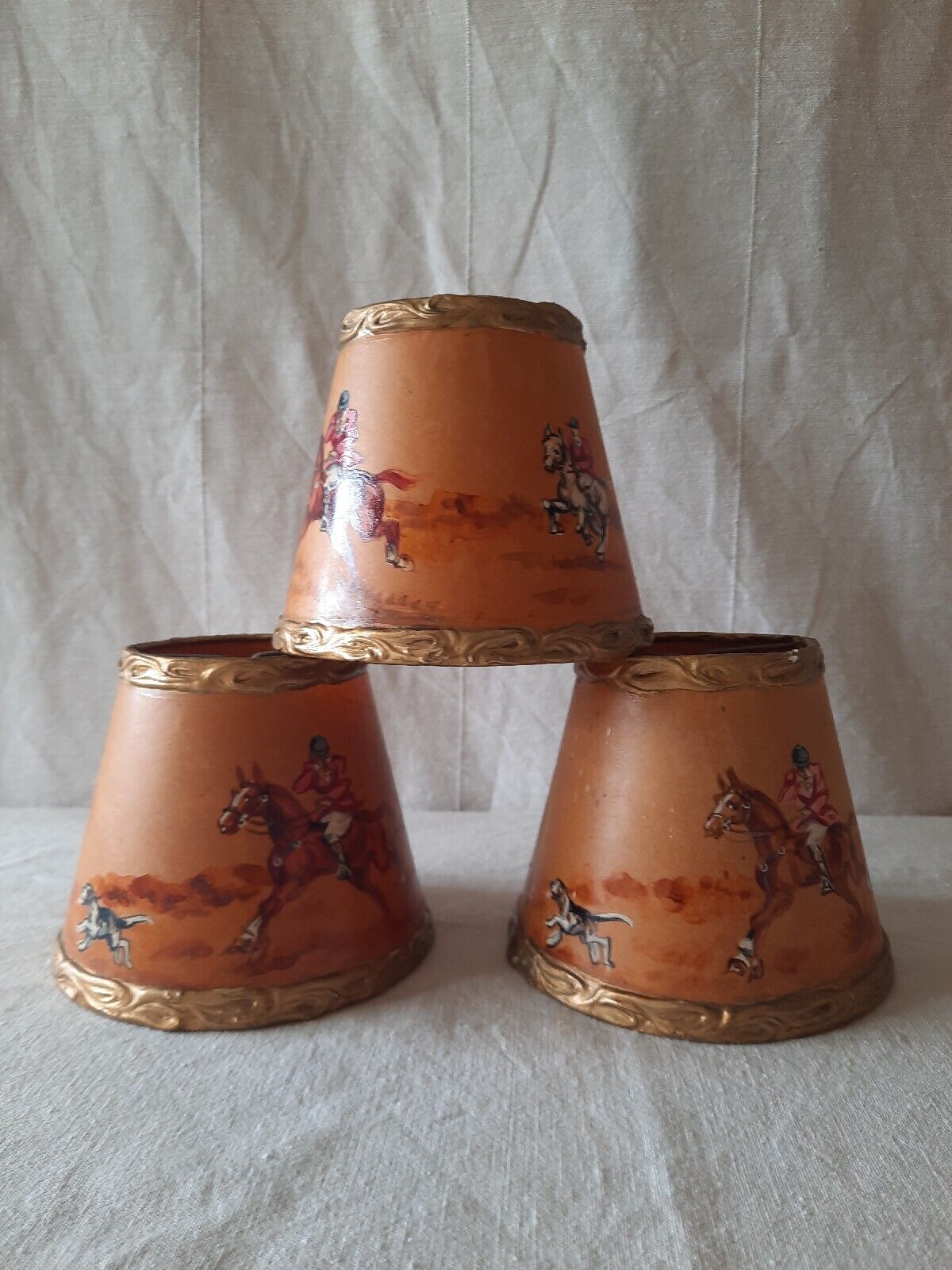 3x Rare Vintage 1950s Clip-on Lamp Shade Hand Painted Hunting English Dog Horse