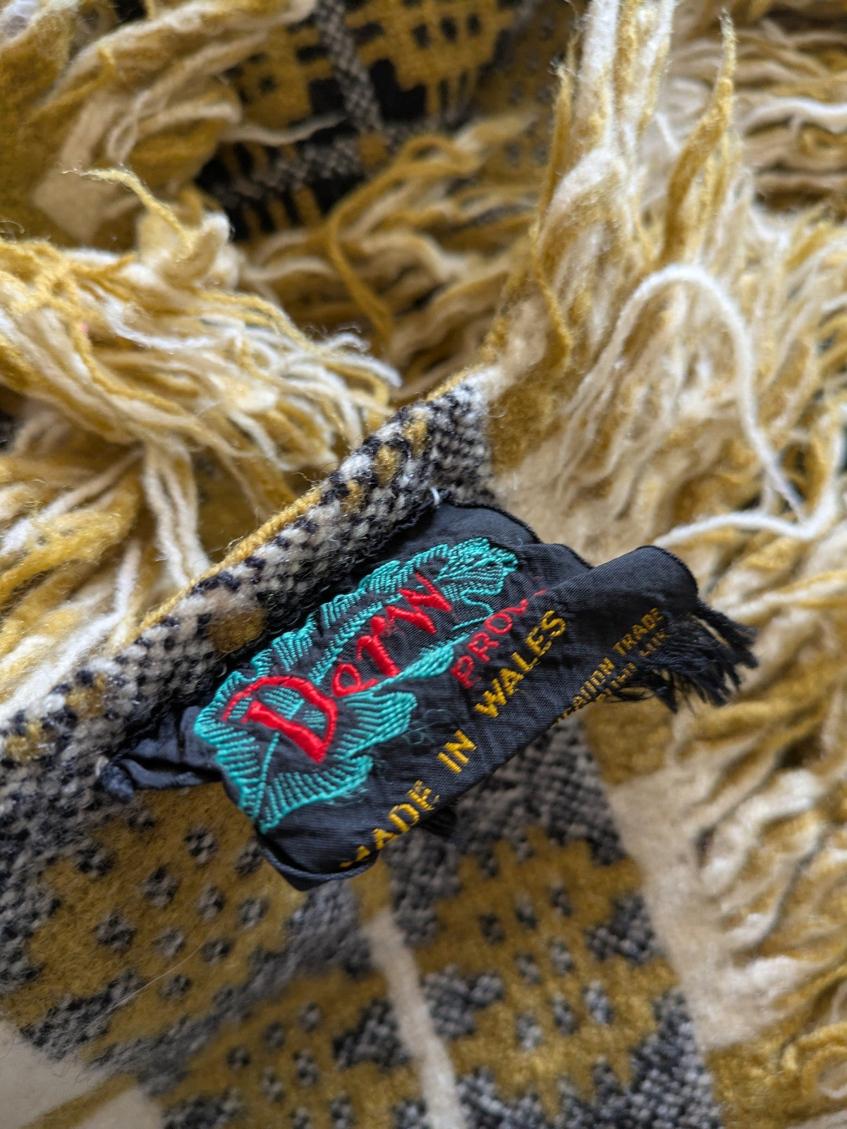 Rare VTG Welsh Wool Blanket Tapestry Yellow Black White Reversible Throw Mustard