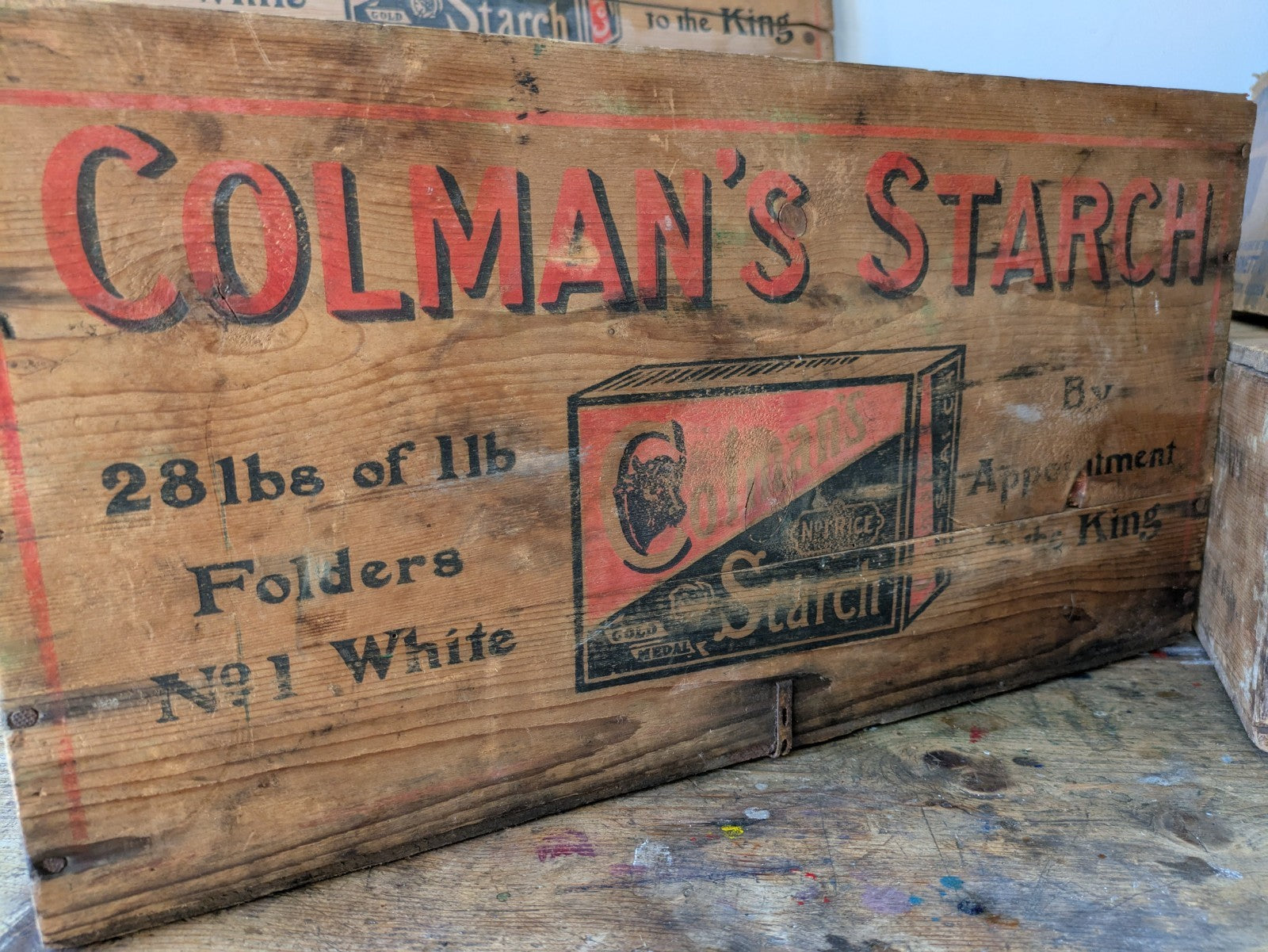 Antique Colmans Starch Printed Wooden Crate Original Large Vintage Advertising 