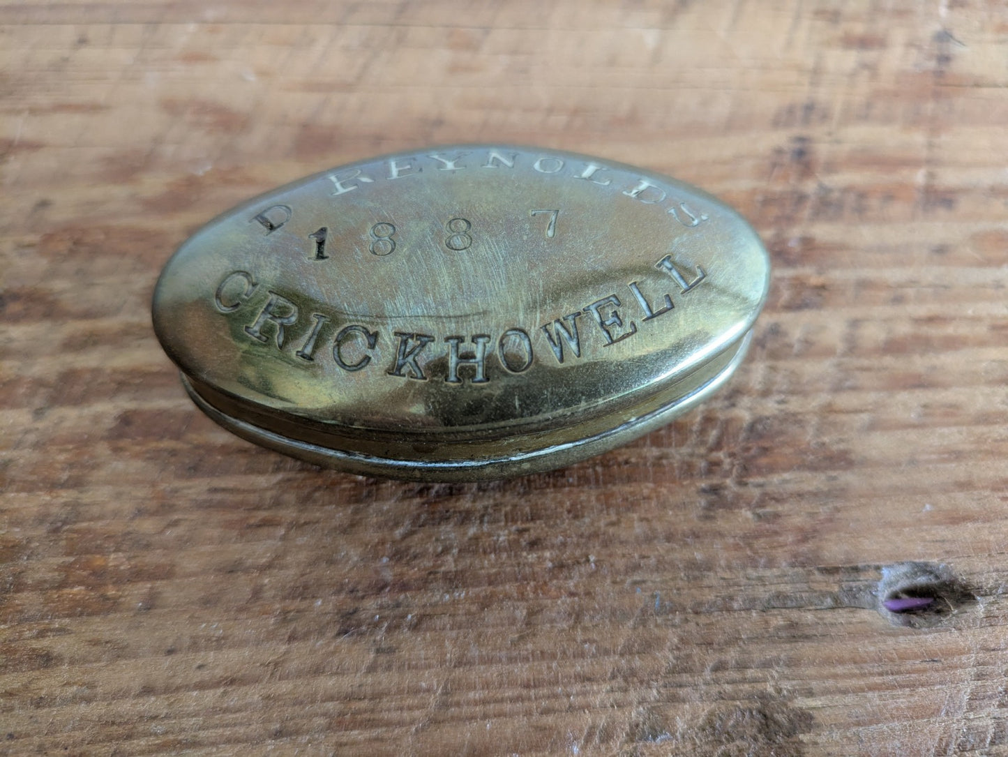 Antique Brass Miners Snuff Box D Reynolds 1887 Hinged Lid Tobacco Tin Crickhowel
