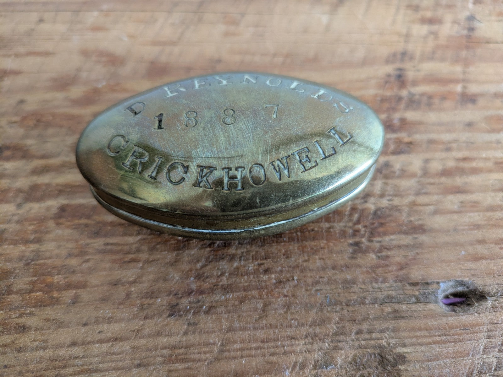 Antique Brass Miners Snuff Box D Reynolds 1887 Hinged Lid Tobacco Tin Crickhowel