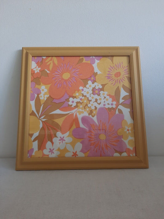 Retro picture Frame Wallpaper gift framed Yellow 60s 70s Vtg Floral Decor Wall!