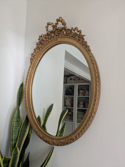 Vintage Gilt Oval Wall Mirror Ribbon Swag Plastic Repro Ornate Oval Frame  Vgc